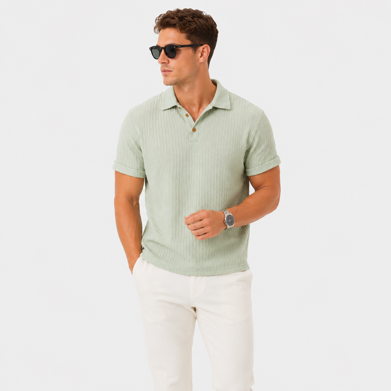 Herren Polo Shirt Grün Jacquard - Moderne Passform Sommer Freizeit Look - Rosesamour