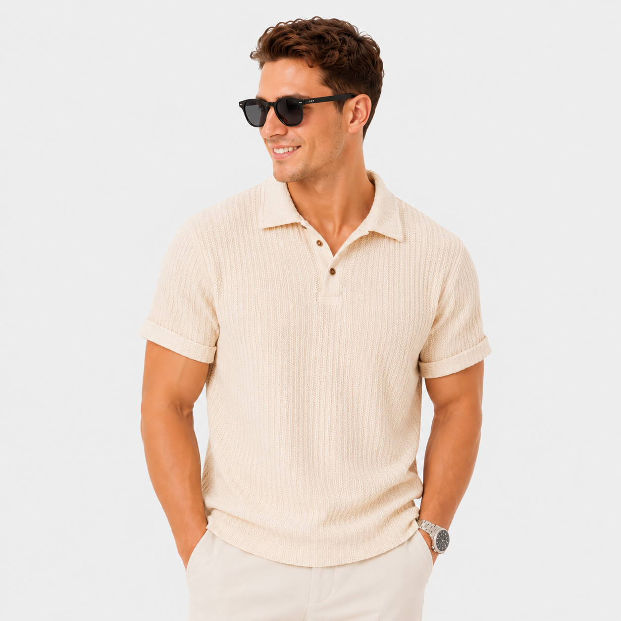 Herren Polo Shirt Beige Jacquard - Moderne Passform Sommer Freizeit Look - Rosesamour