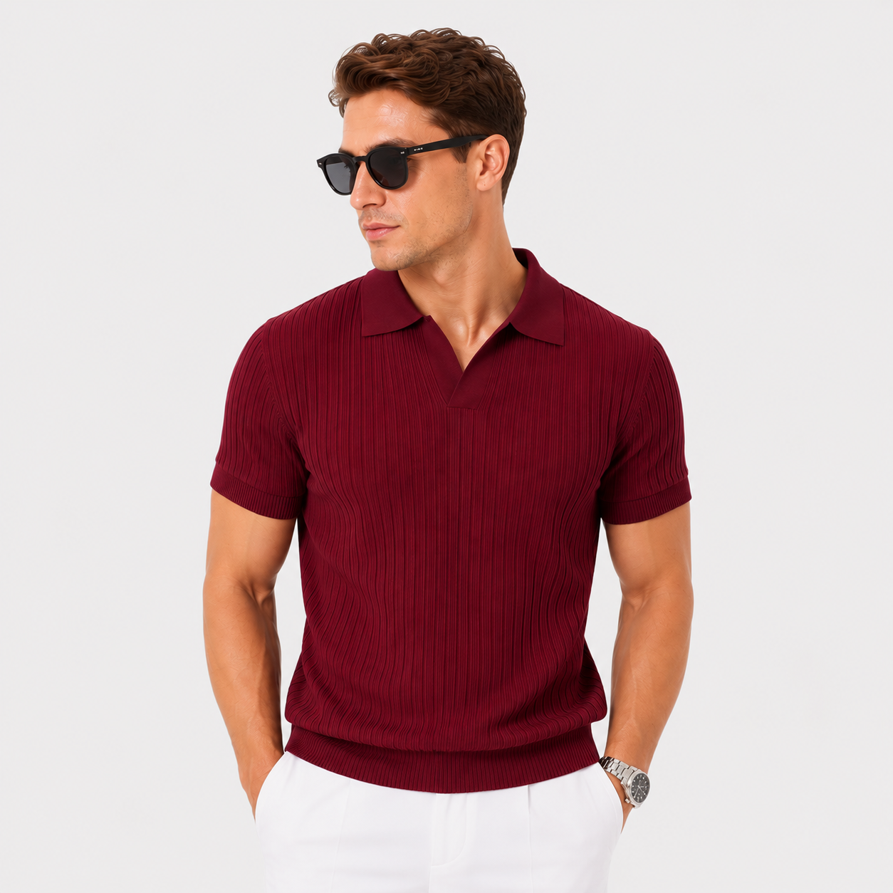 Herren Polo Shirt Weinrot Gerippt - Elegante Passform Sommer Freizeit Look - Rosesamour