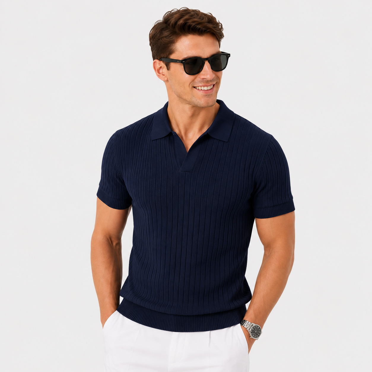 Herren Polo Shirt Navy Gerippt - Moderne Passform Sommer Eleganz Look - Rosesamour
