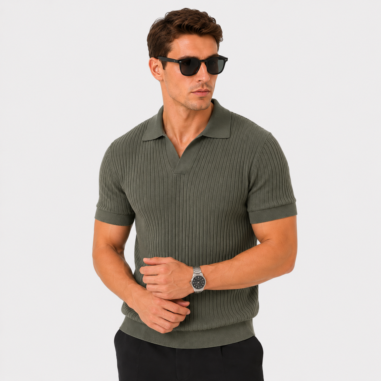 Herren Polo Shirt Olivgrün Gerippt - Moderne Passform Sommer Freizeit Look - Rosesamour