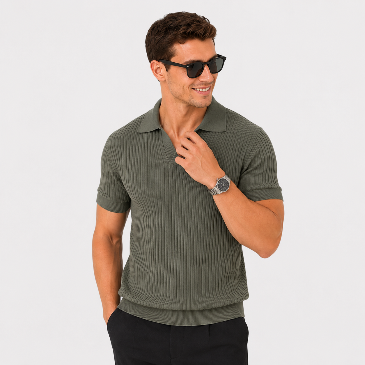 Herren Polo Shirt Olivgrün Gerippt - Moderne Passform Sommer Freizeit Look - Rosesamour