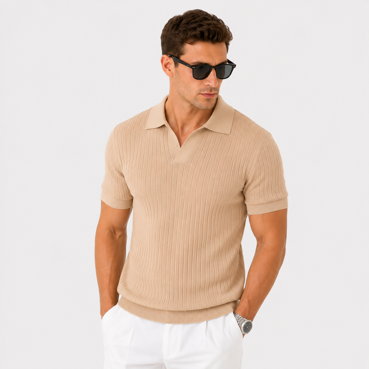 Herren Polo Shirt Beige Gerippt - Moderne Passform Sommer Freizeit Look - Rosesamour