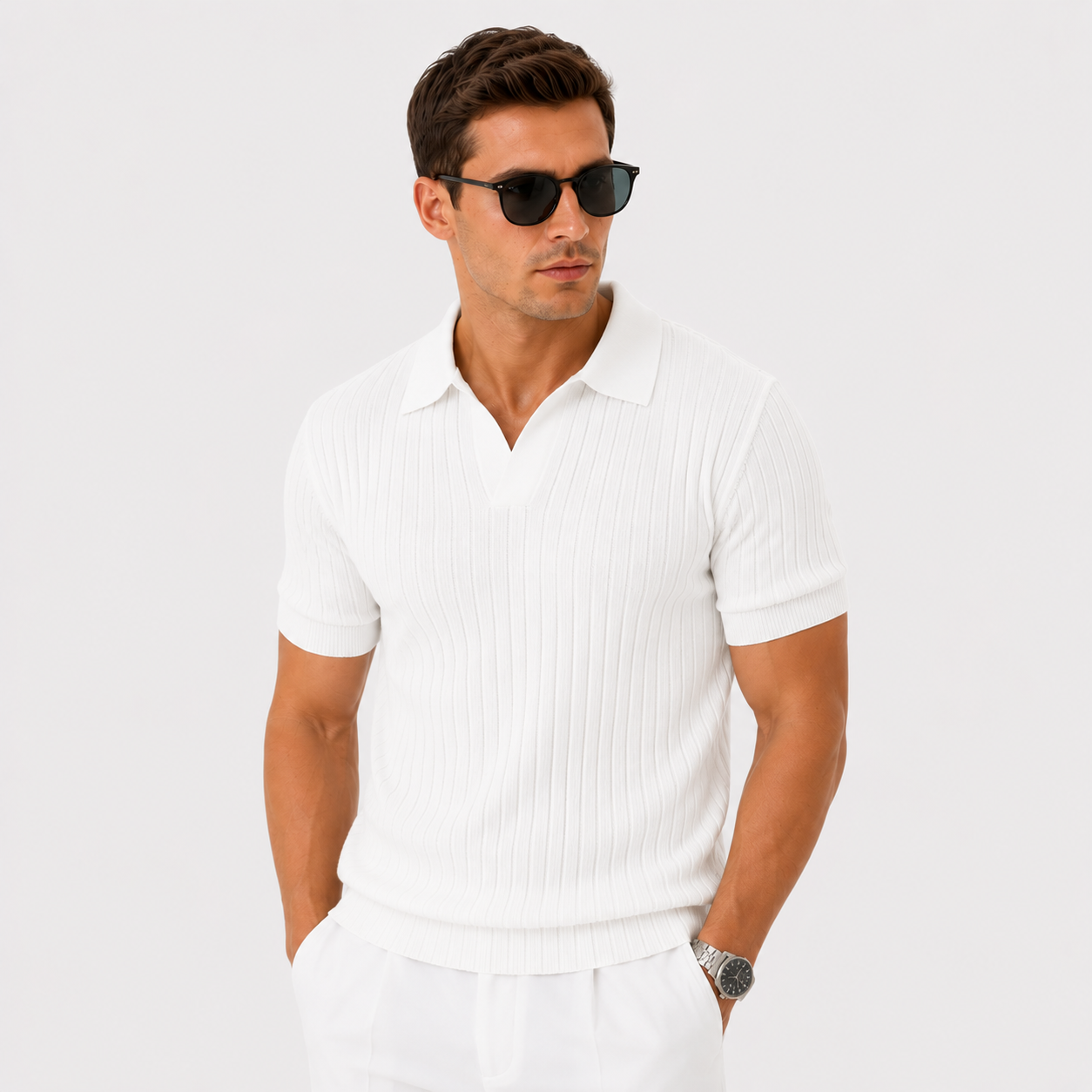 Herren Polo Shirt Weiß Gerippt - Moderne Passform Sommer Eleganz Look - Rosesamour