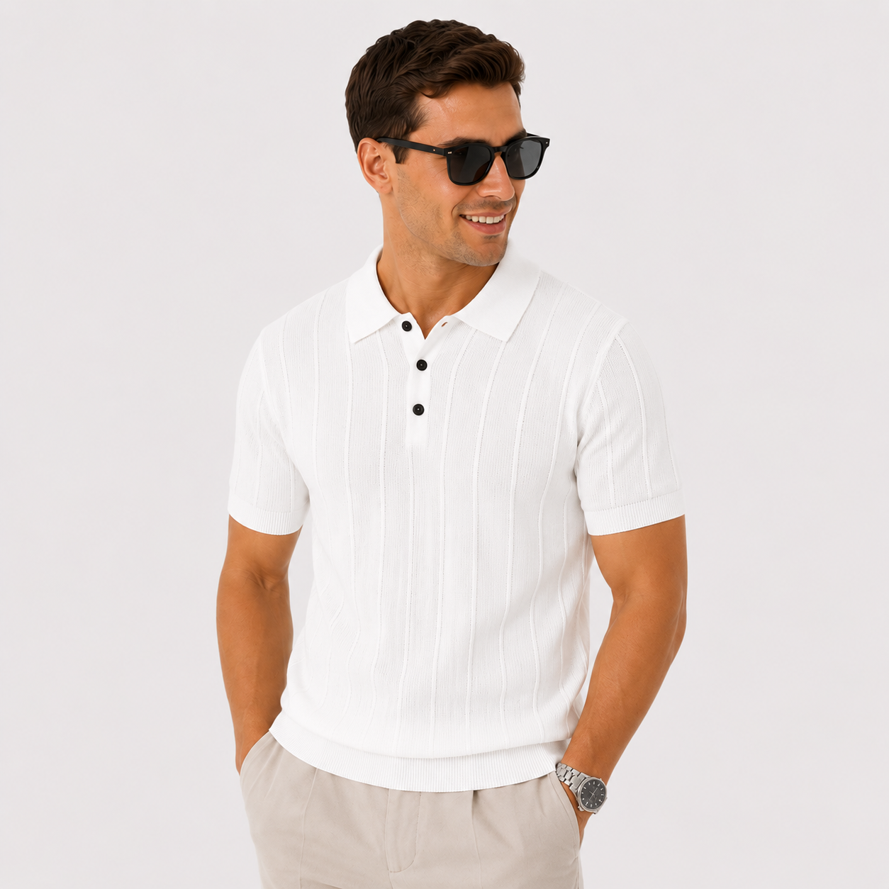 Herren Luxus Strick Polo Shirt Weiß - Elegante Passform Sommer Freizeit Look - Rosesamour