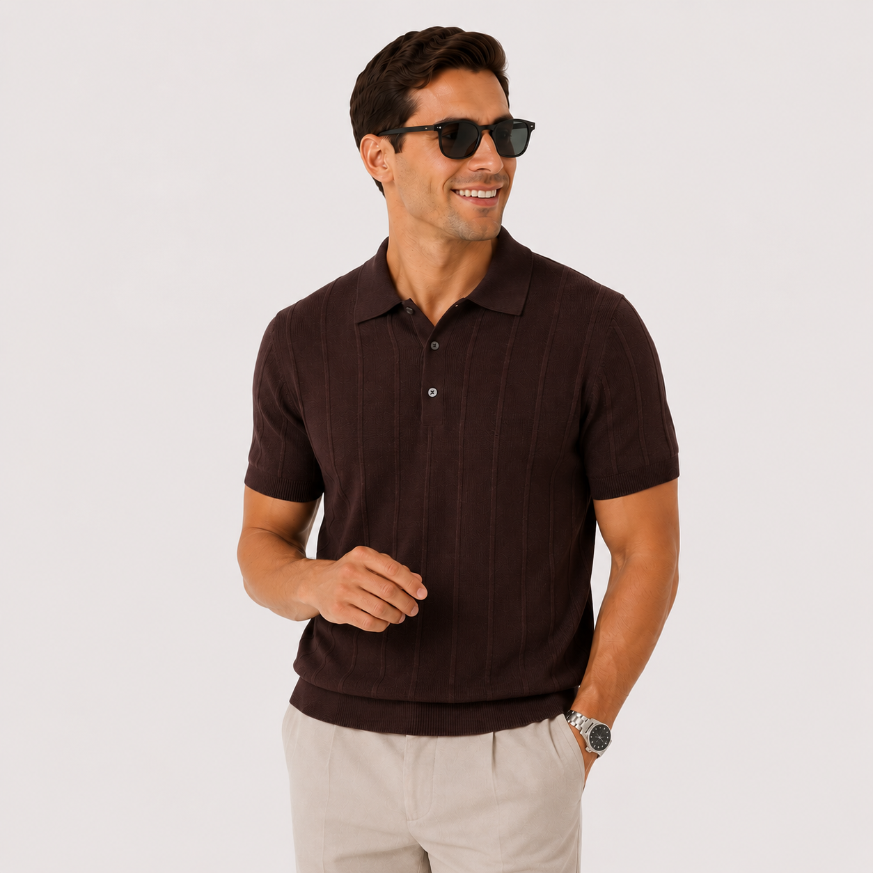 Herren Luxus Strick Polo Shirt Braun - Elegante Passform Sommer Freizeit Look - Rosesamour