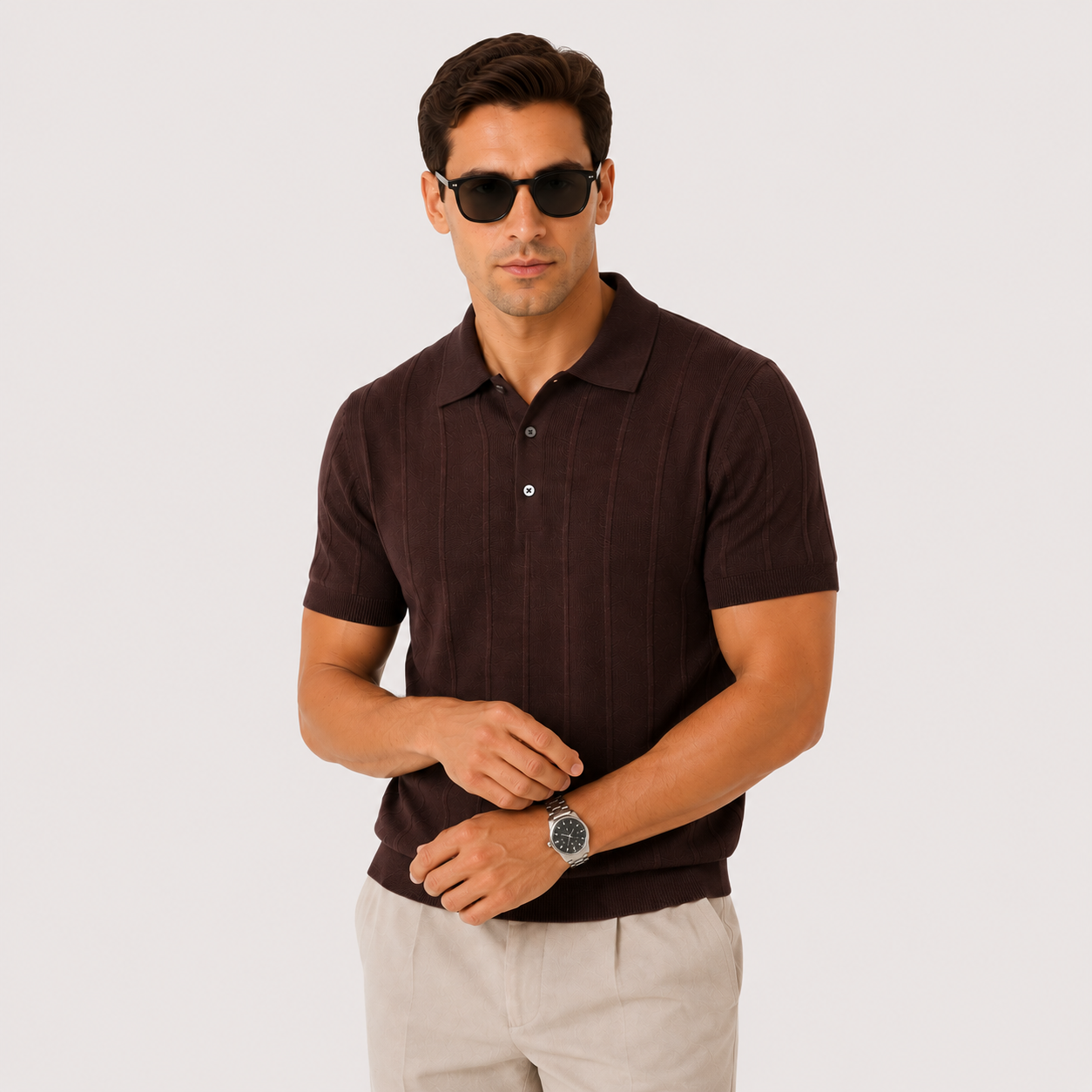 Herren Luxus Strick Polo Shirt Braun - Elegante Passform Sommer Freizeit Look - Rosesamour