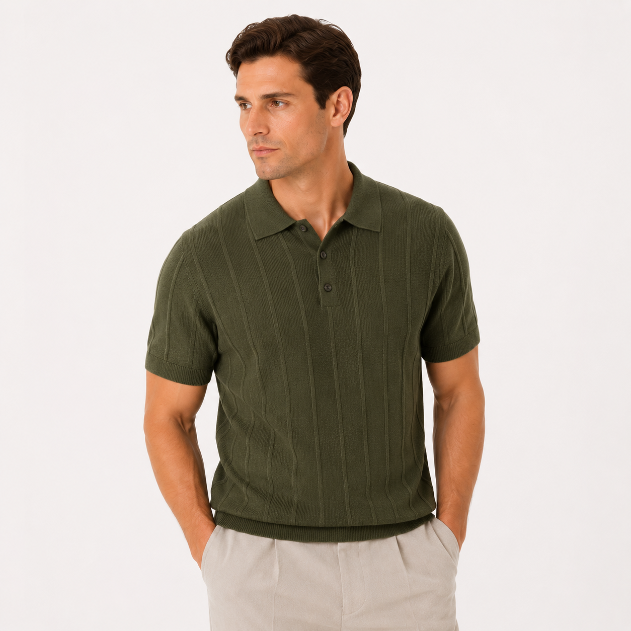 Herren Luxus Strick Polo Shirt Olivgrün - Elegante Passform Sommer Freizeit Look - Rosesamour
