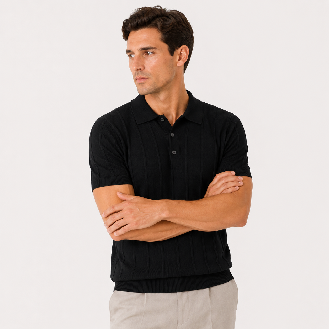 Herren Luxus Strick Polo Shirt Schwarz - Elegante Passform Sommer Freizeit Look - Rosesamour