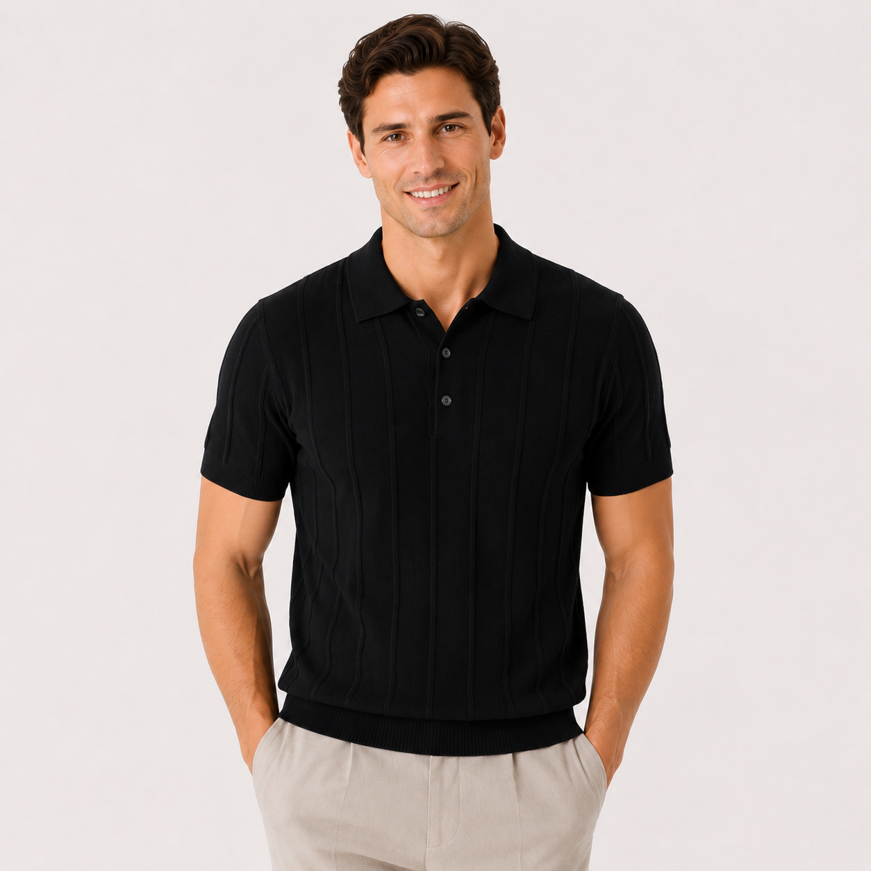 Herren Luxus Strick Polo Shirt Schwarz - Elegante Passform Sommer Freizeit Look - Rosesamour