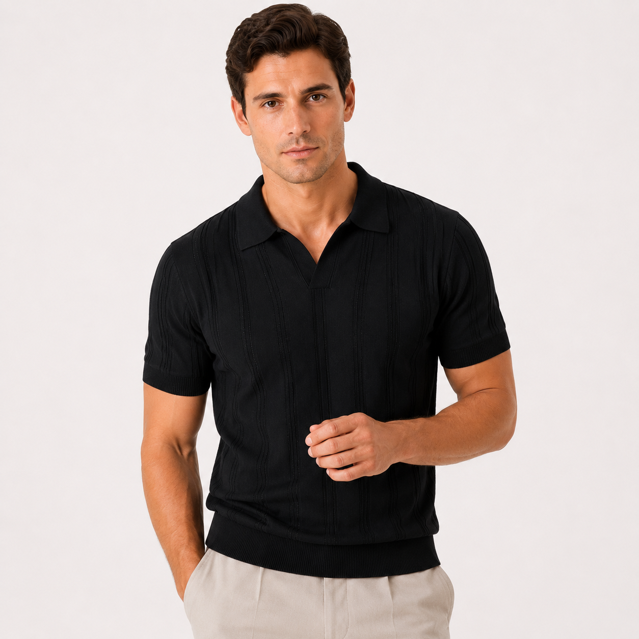 Herren Strick Polo Shirt Schwarz - Elegante Passform Sommer Freizeit Look - Rosesamour