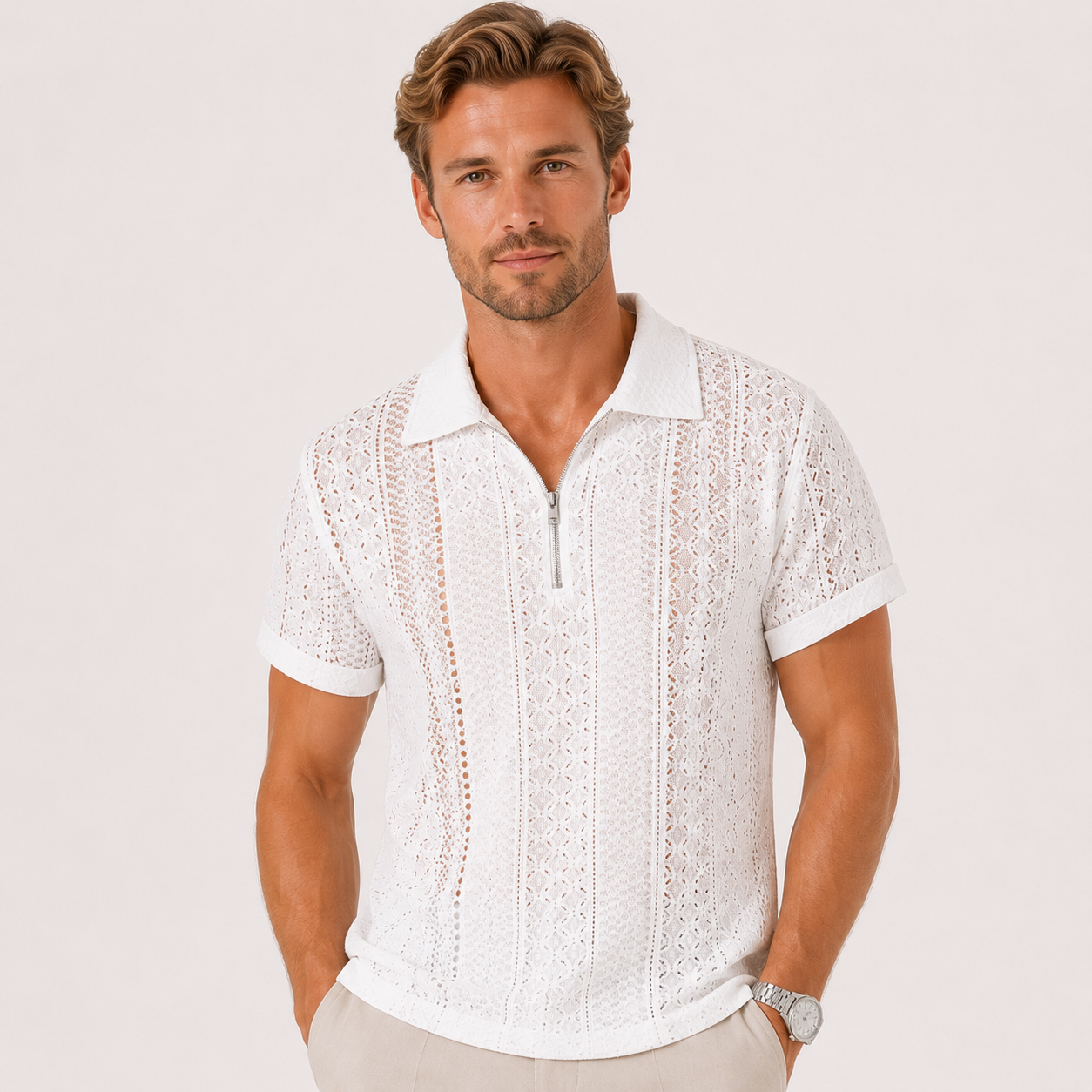 Herren Jacquard Polo Shirt Weiß - Elegante Passform Sommer Freizeit Look - Rosesamour