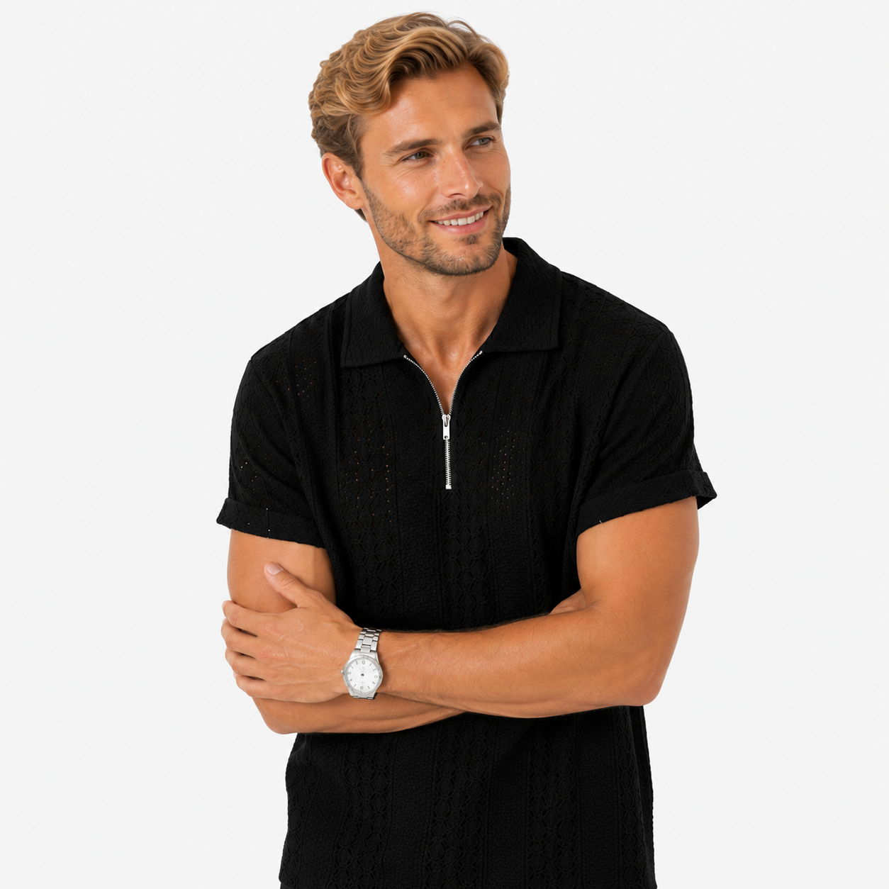 Herren Jacquard Polo Shirt Schwarz - Elegante Passform Sommer Freizeit Look - Rosesamour