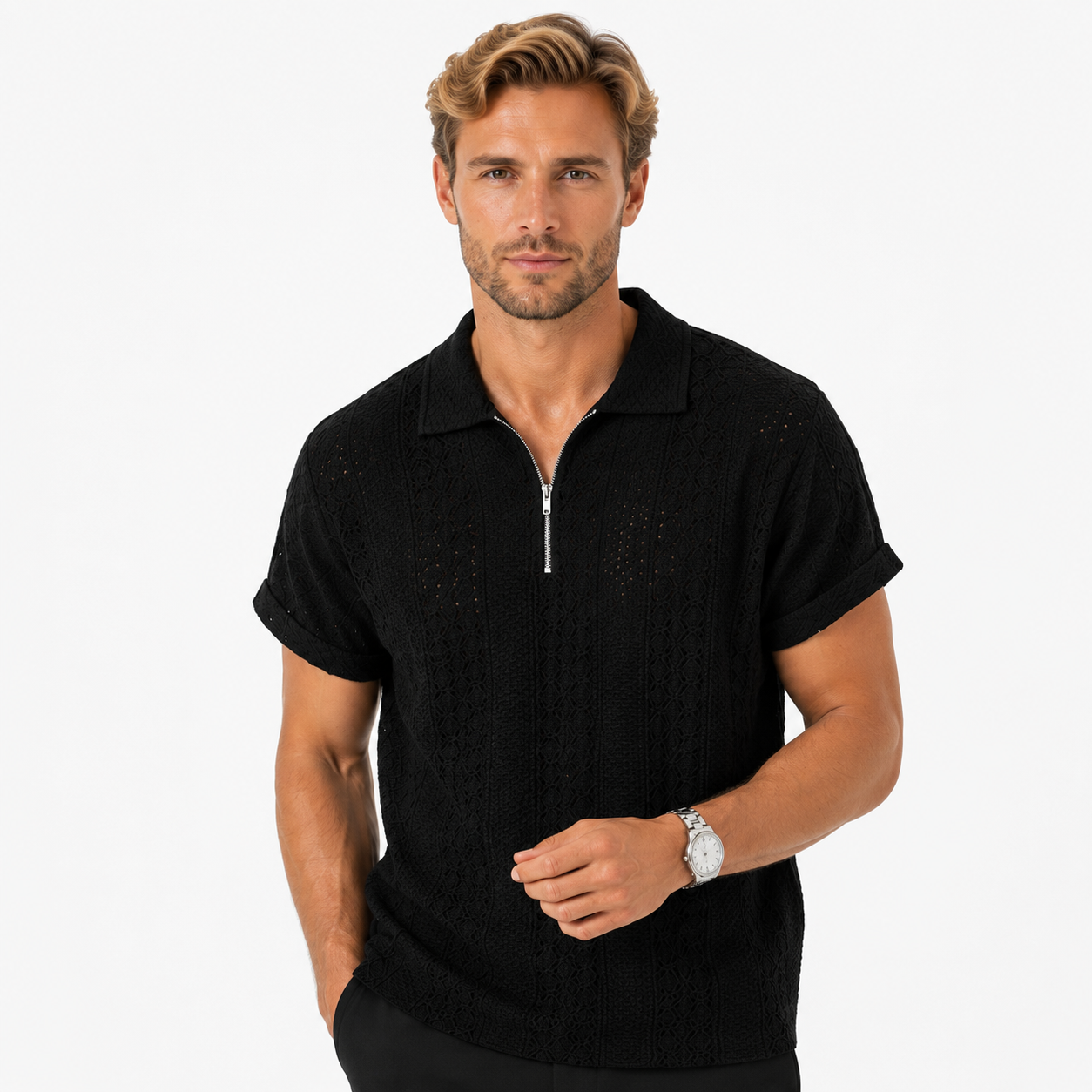 Herren Jacquard Polo Shirt Schwarz - Elegante Passform Sommer Freizeit Look - Rosesamour