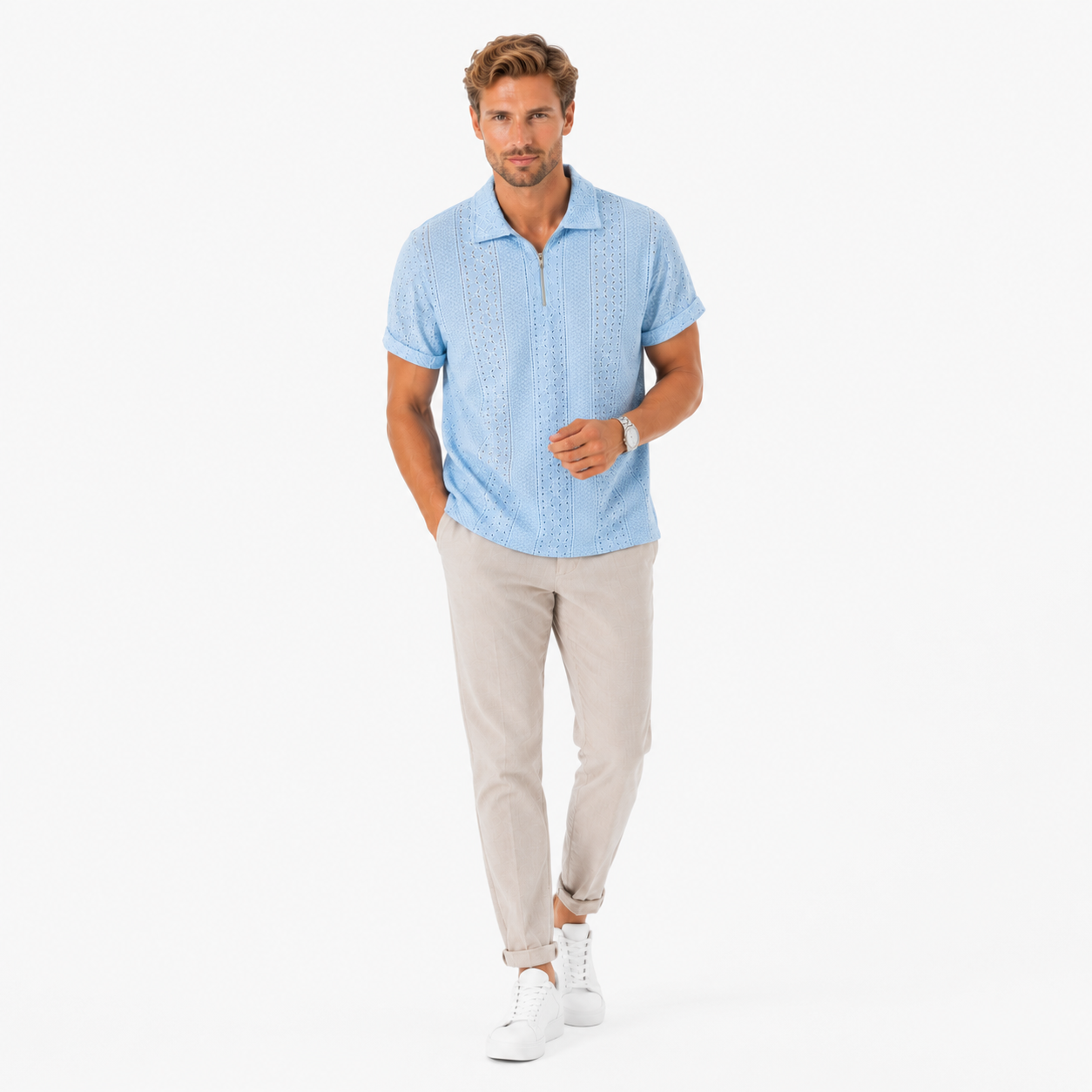 Herren Jacquard Polo Shirt Hellblau - Elegante Passform Sommer Freizeit Look - Rosesamour