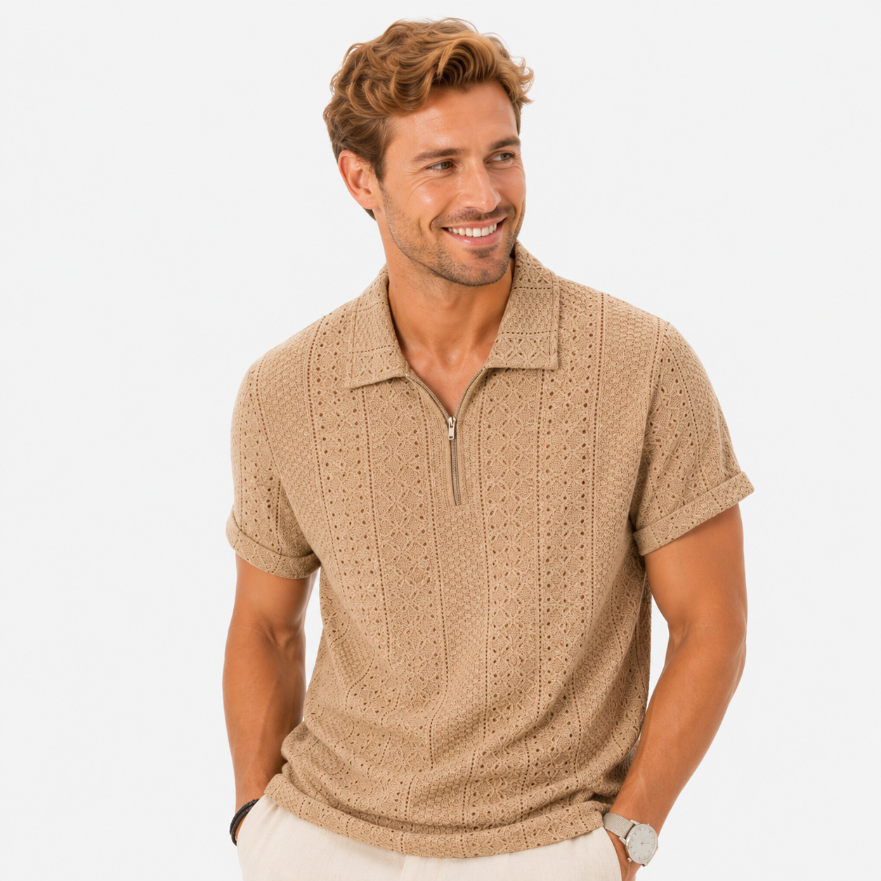 Herren Jacquard Polo Shirt Braun - Elegante Passform Sommer Freizeit Look - Rosesamour