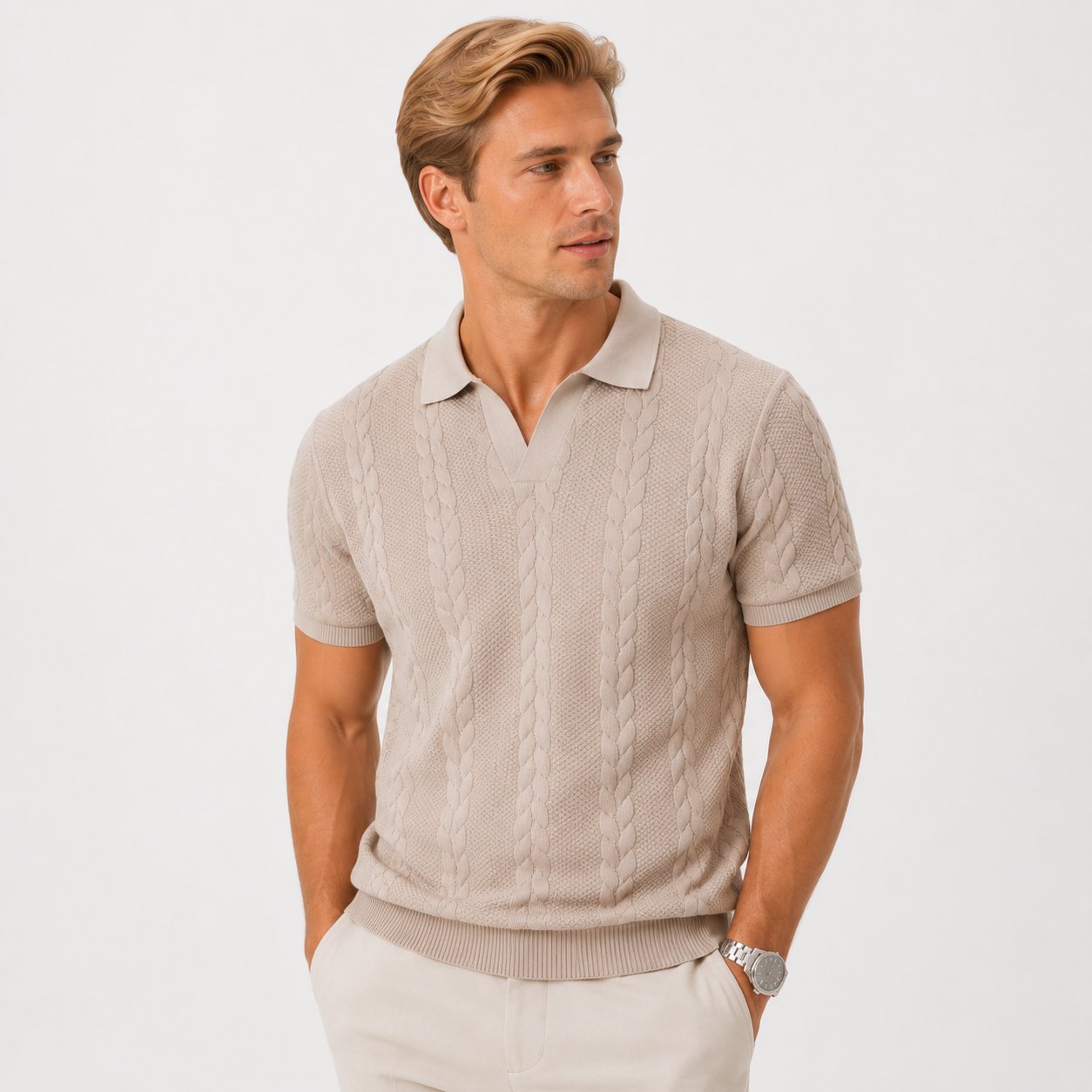 Herren Jacquard Strick Polo Apricot - Elegante Passform Sommer Freizeit Look - Rosesamour