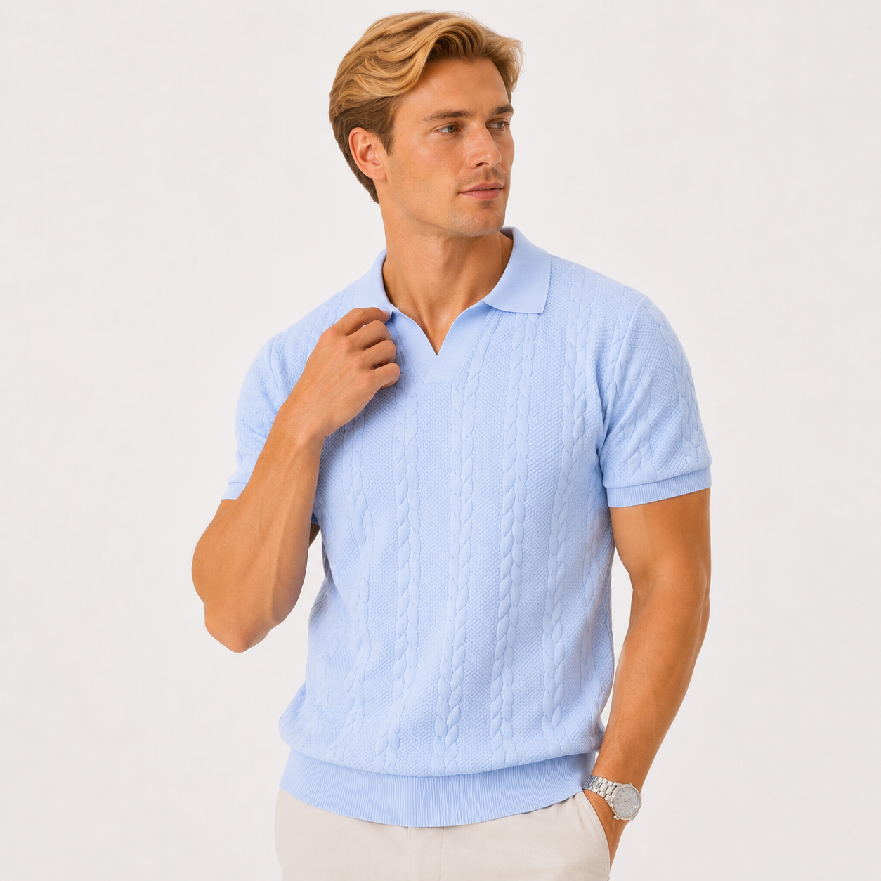 Herren Jacquard Strick Polo Hellblau - Elegante Passform Sommer Freizeit Look - Rosesamour