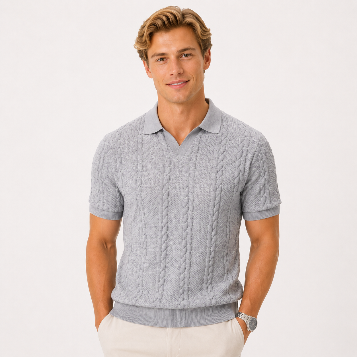 Herren Jacquard Strick Polo Grau - Elegante Passform Sommer Freizeit Look - Rosesamour