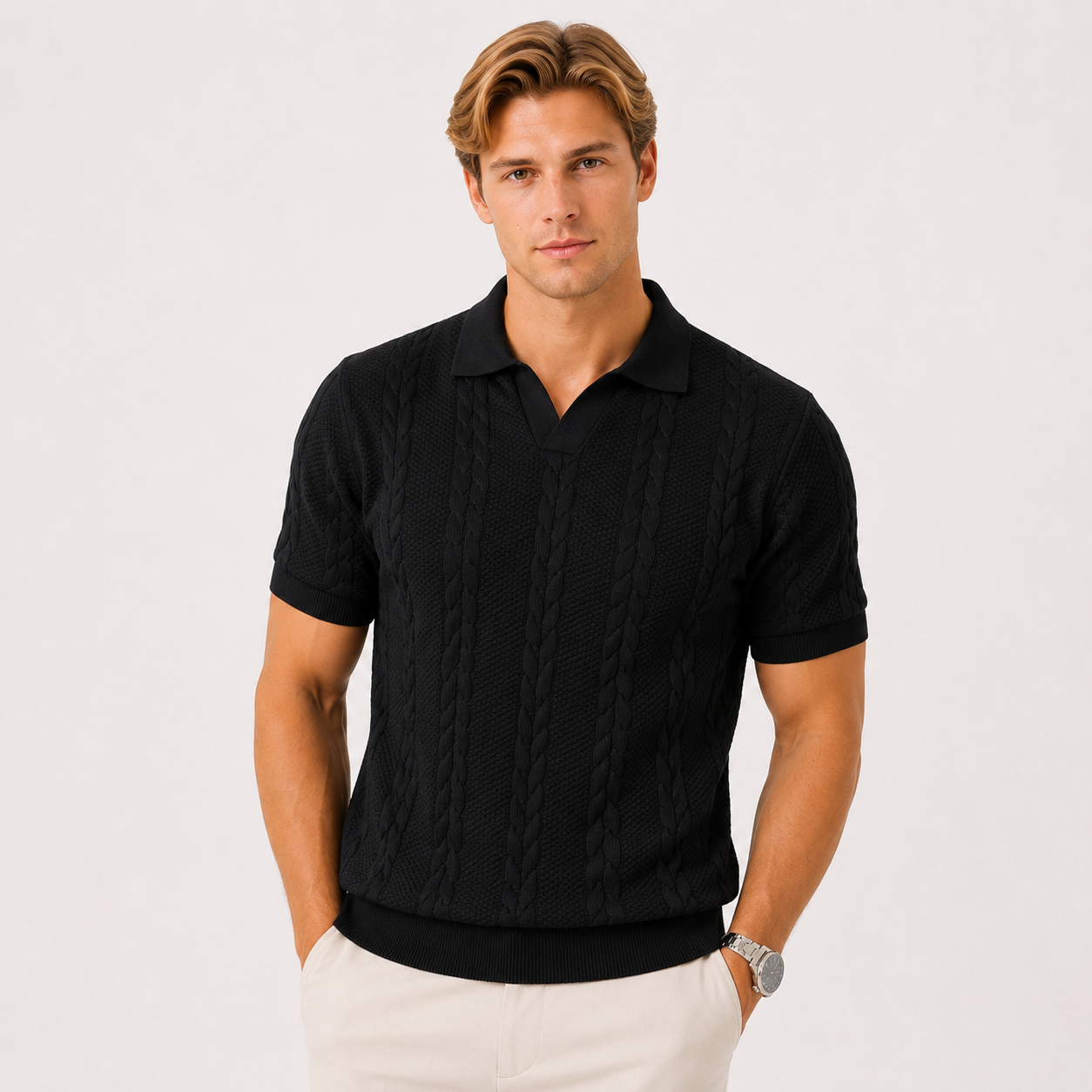 Herren Jacquard Strick Polo Schwarz - Elegante Passform Sommer Freizeit Look - Rosesamour