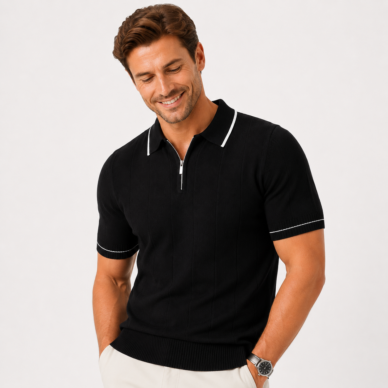Herren Strick Polo Shirt Schwarz - Elegante Passform Business Sommer Look - Rosesamour