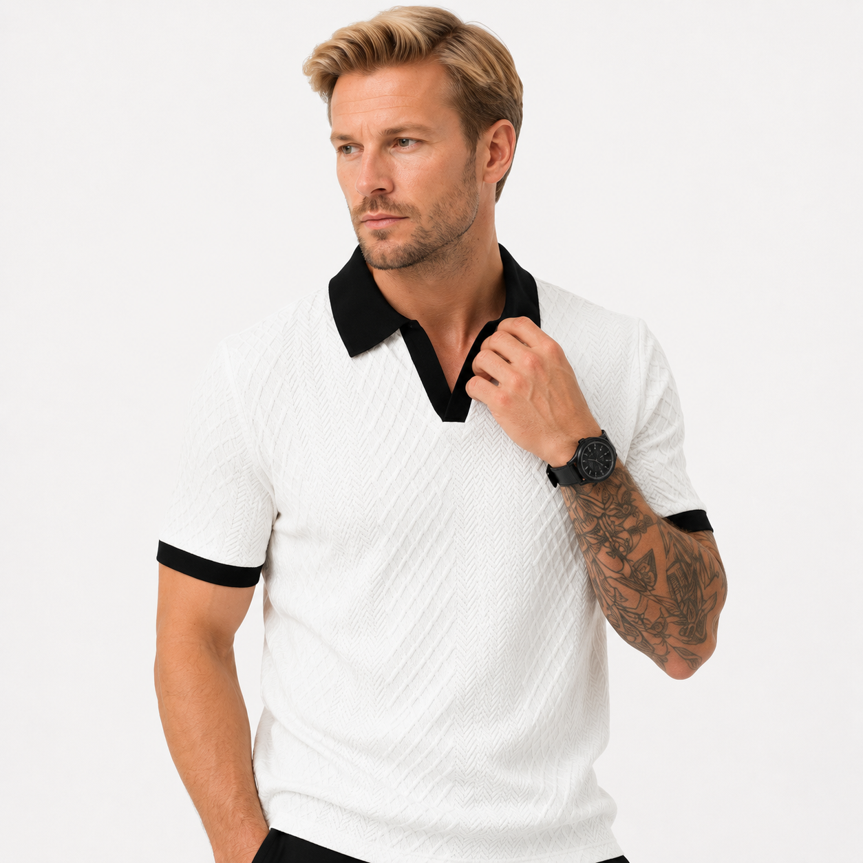 Herren Jacquard Polo Shirt Weiß Schwarz - Elegante Passform Sommer Freizeit Look - Rosesamour