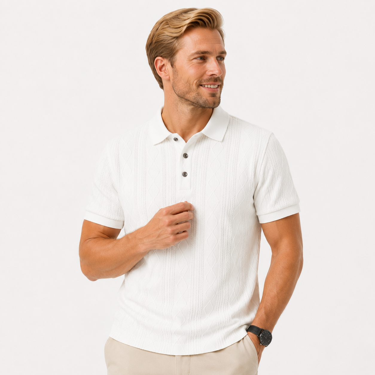 Herren Jacquard Polo Shirt Weiß - Elegante Passform Business Sommer Look - Rosesamour