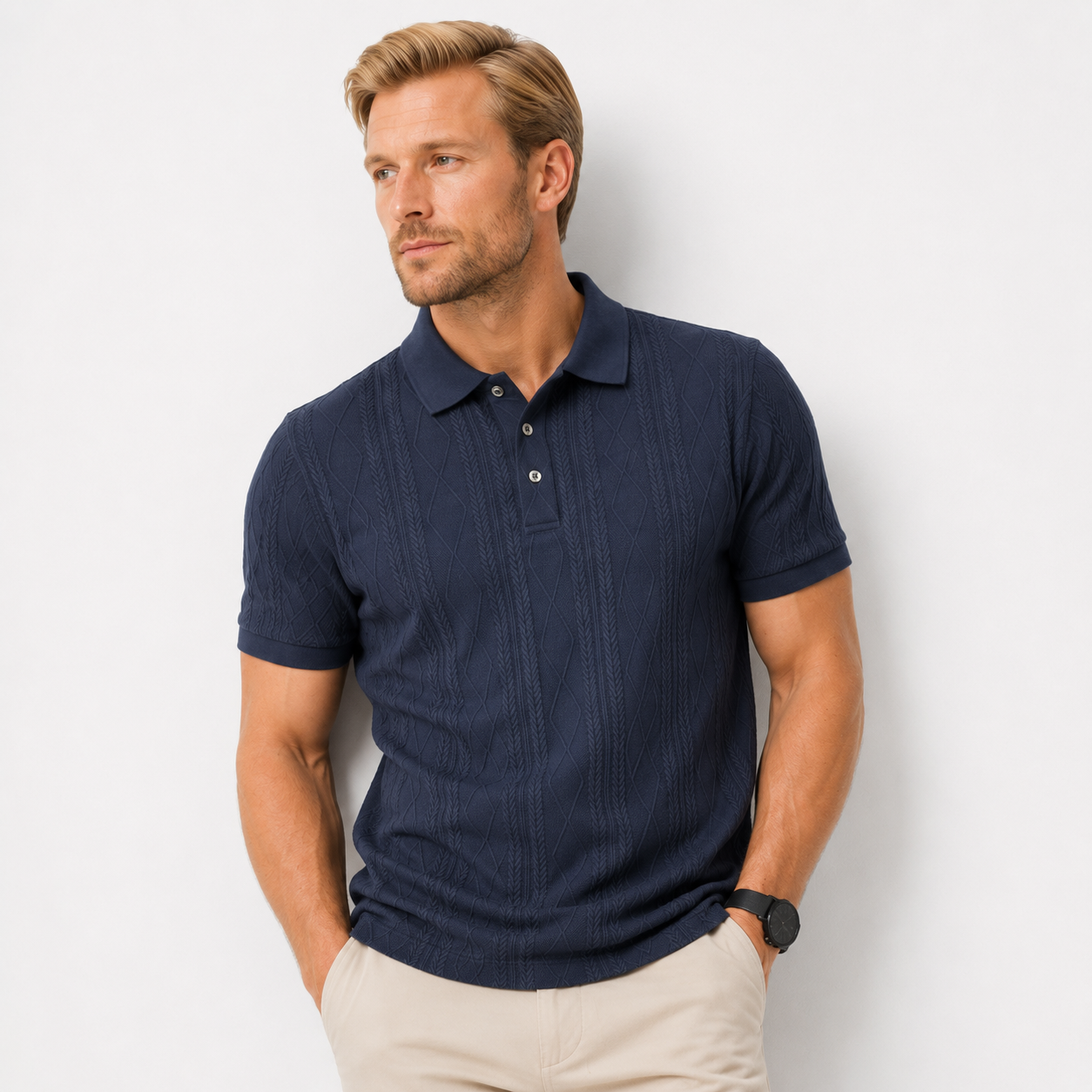 Herren Jacquard Polo Shirt Marineblau - Elegante Passform Business Sommer Look - Rosesamour
