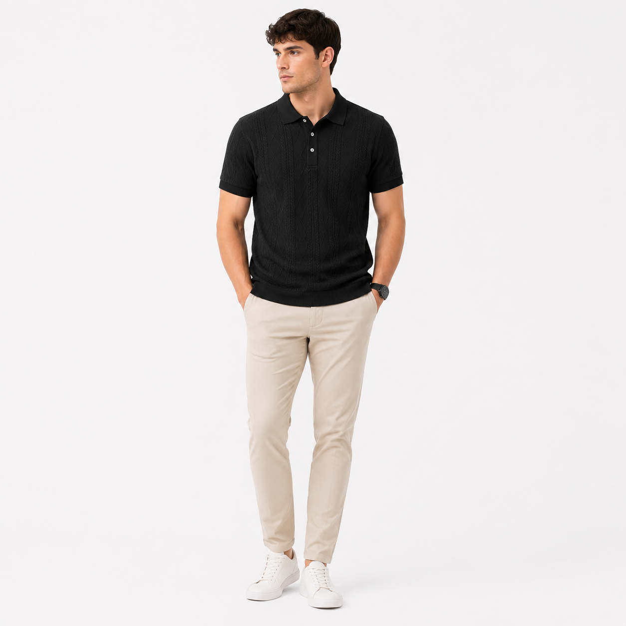 Herren Jacquard Polo Shirt Schwarz - Elegante Passform Business Sommer Look - Rosesamour