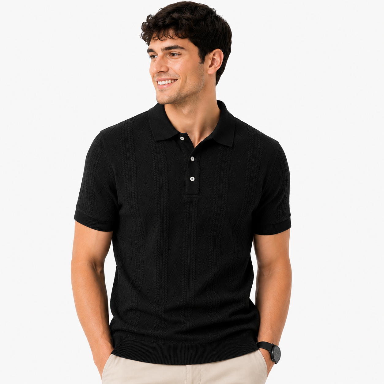 Herren Jacquard Polo Shirt Schwarz - Elegante Passform Business Sommer Look - Rosesamour