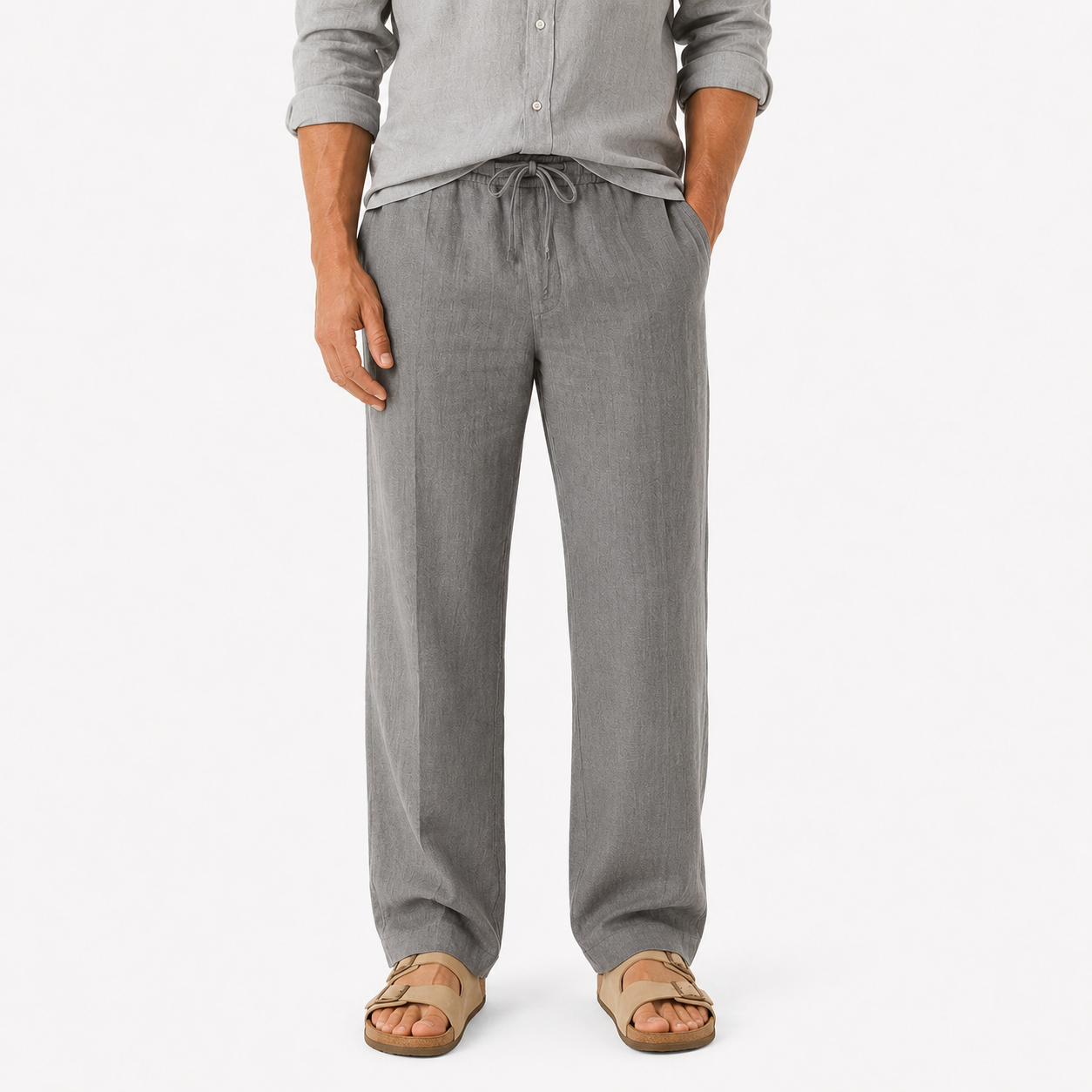 Herren Leinen Stoffhose Grau - Lockere Passform Sommer Freizeit Look - Rosesamour