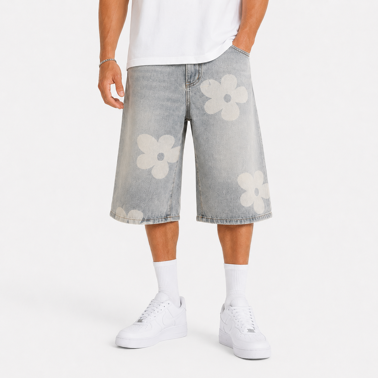 Herren Bermuda Shorts Grau mit Blumenprint - Relaxter Vintage Streetstyle - Rosesamour