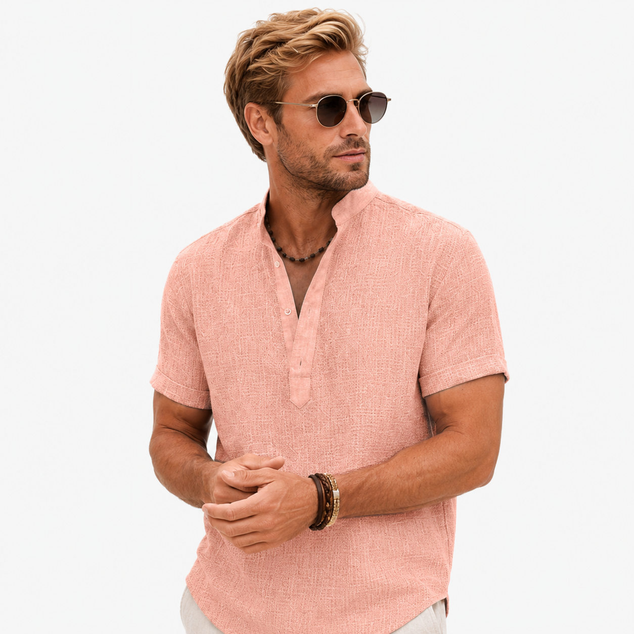 Herren Poloshirt Rosa Uni - Bequeme Passform Leinenlook - Rosesamour