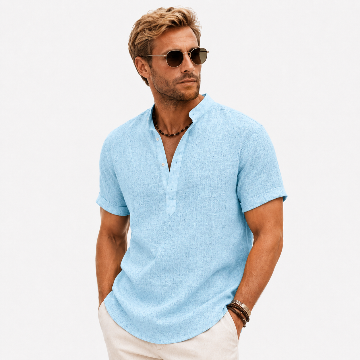 Herren Poloshirt Hellblau Uni - Bequeme Passform Leinenlook - Rosesamour