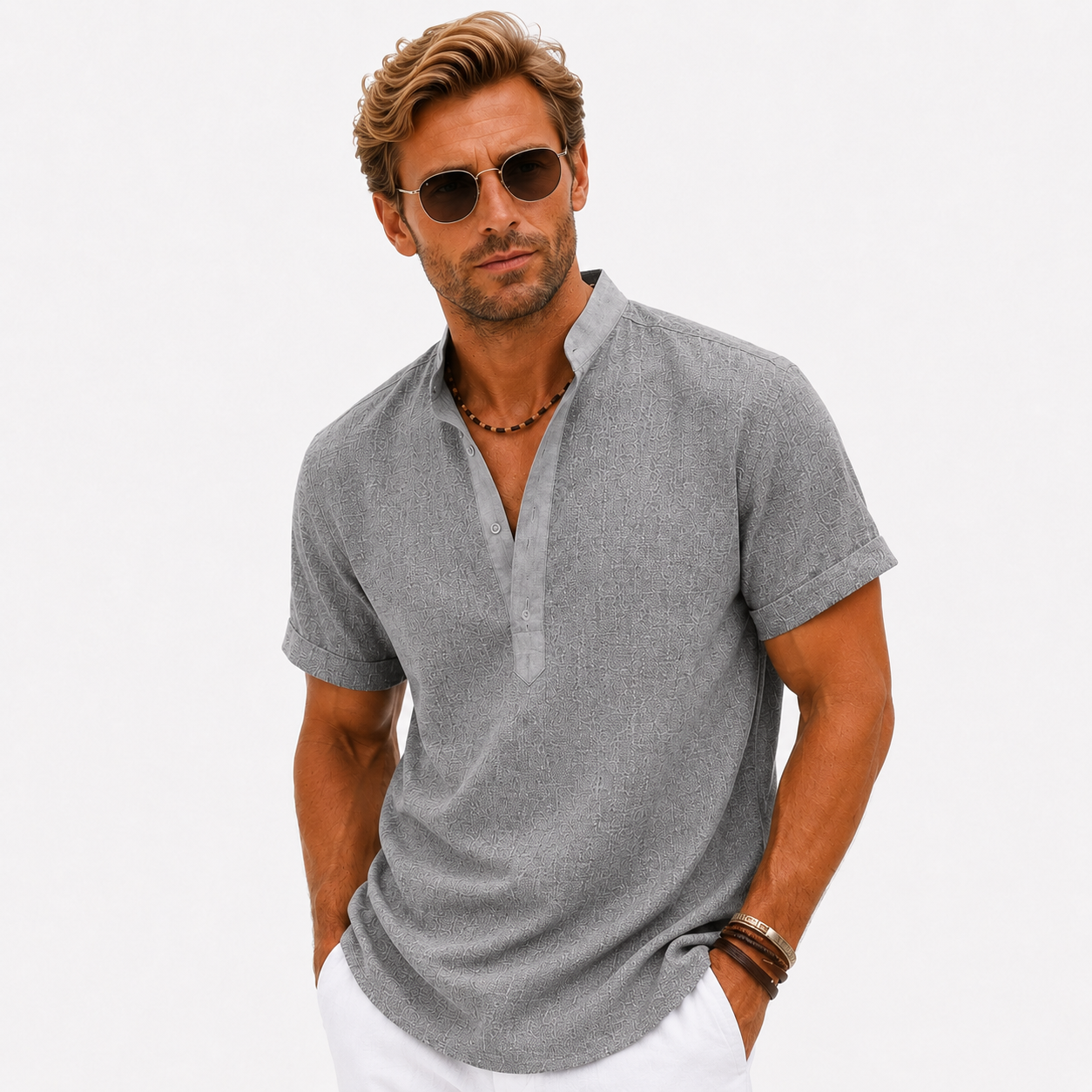 Herren Poloshirt Grau Uni - Bequeme Passform Leinenlook - Rosesamour