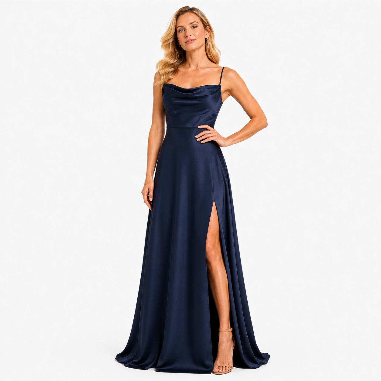 Damen Maxi Kleid Dunkelblau Satinoptik - Eleganter Fall mit Beinschlitz - Rosesamour