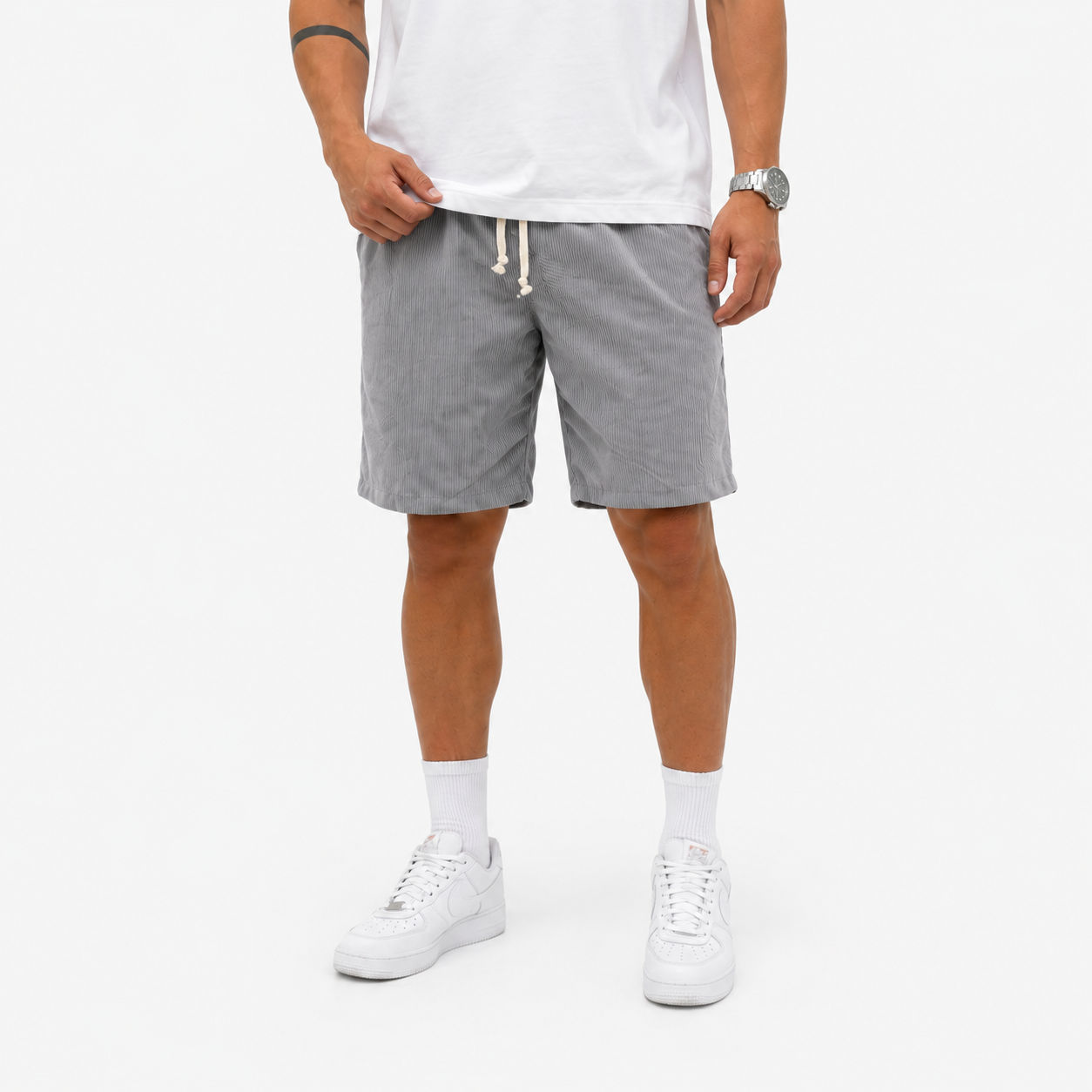 Herren Shorts Grau Gestreift - Lässige Cord Optik mit Taschen - Rosesamour