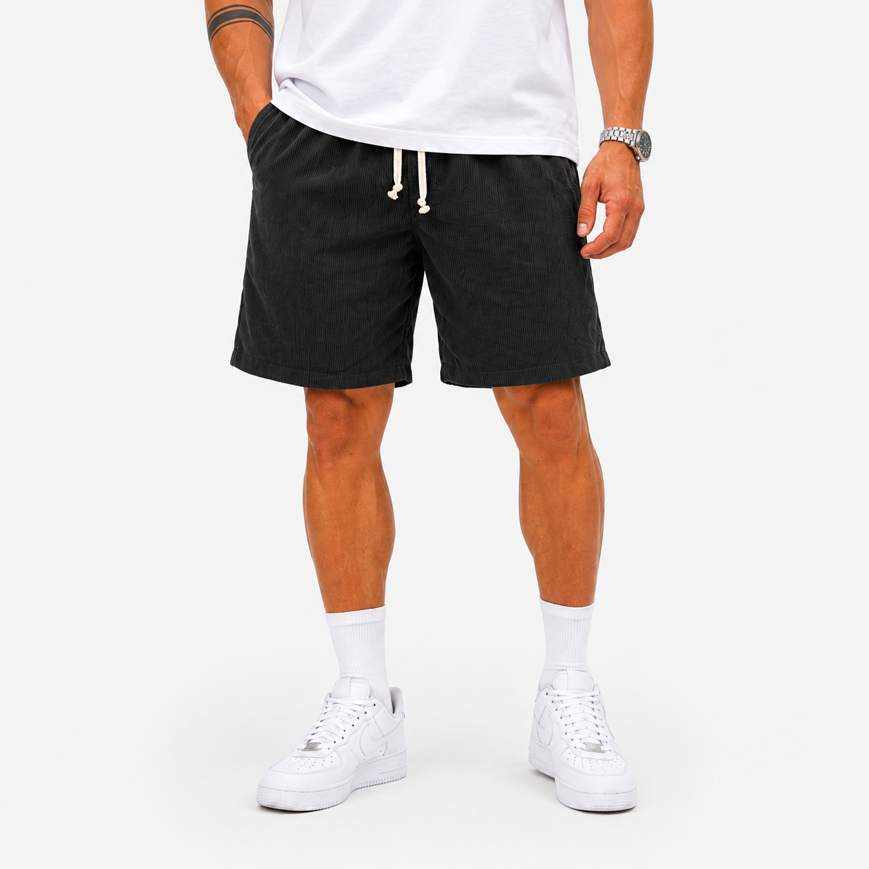 Herren Shorts Schwarz Casual - Lässige Cord Optik mit Taschen - Rosesamour