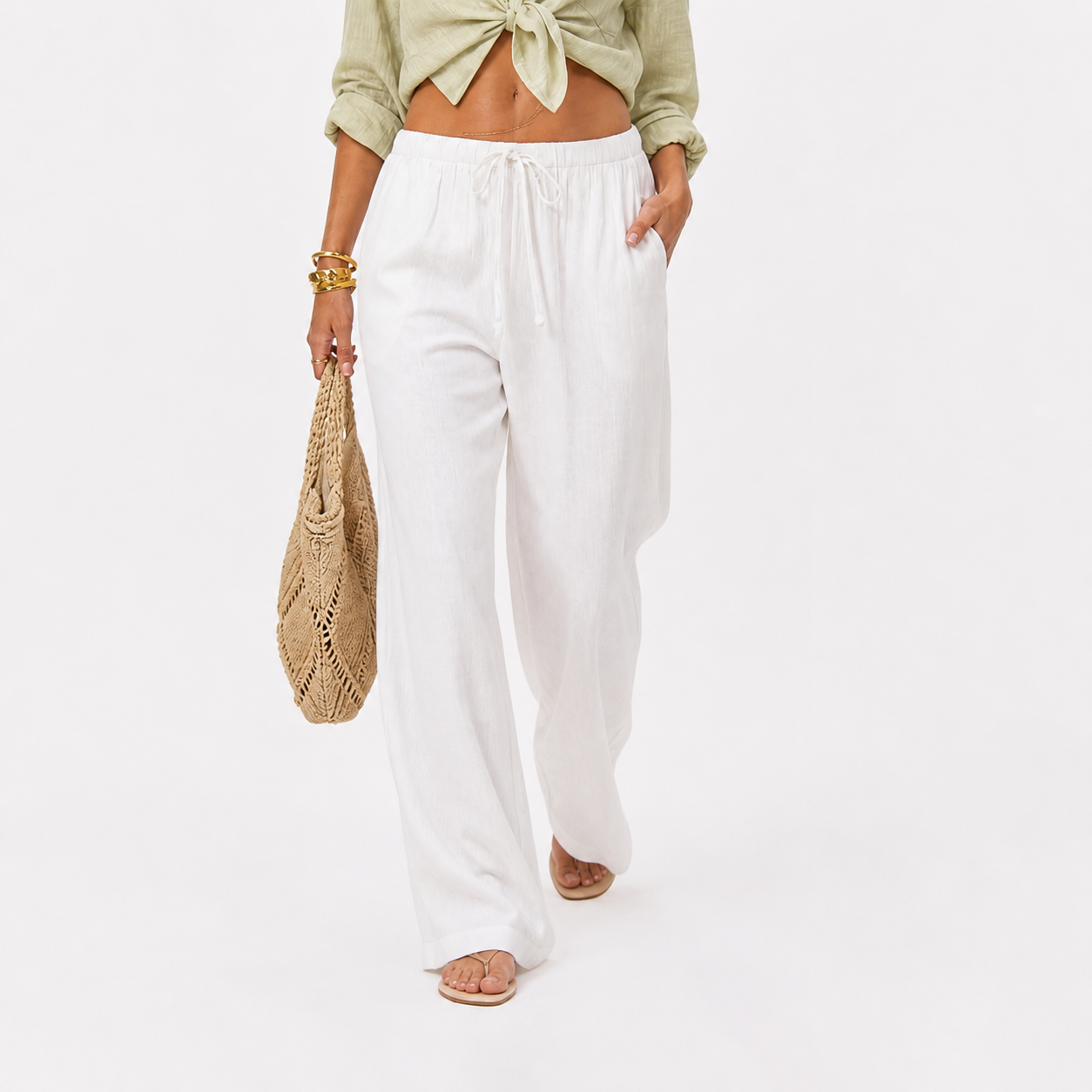 Damen Leinenhose Weiß mit Weitem Bein - Lockere Passform Sommer Look - Rosesamour