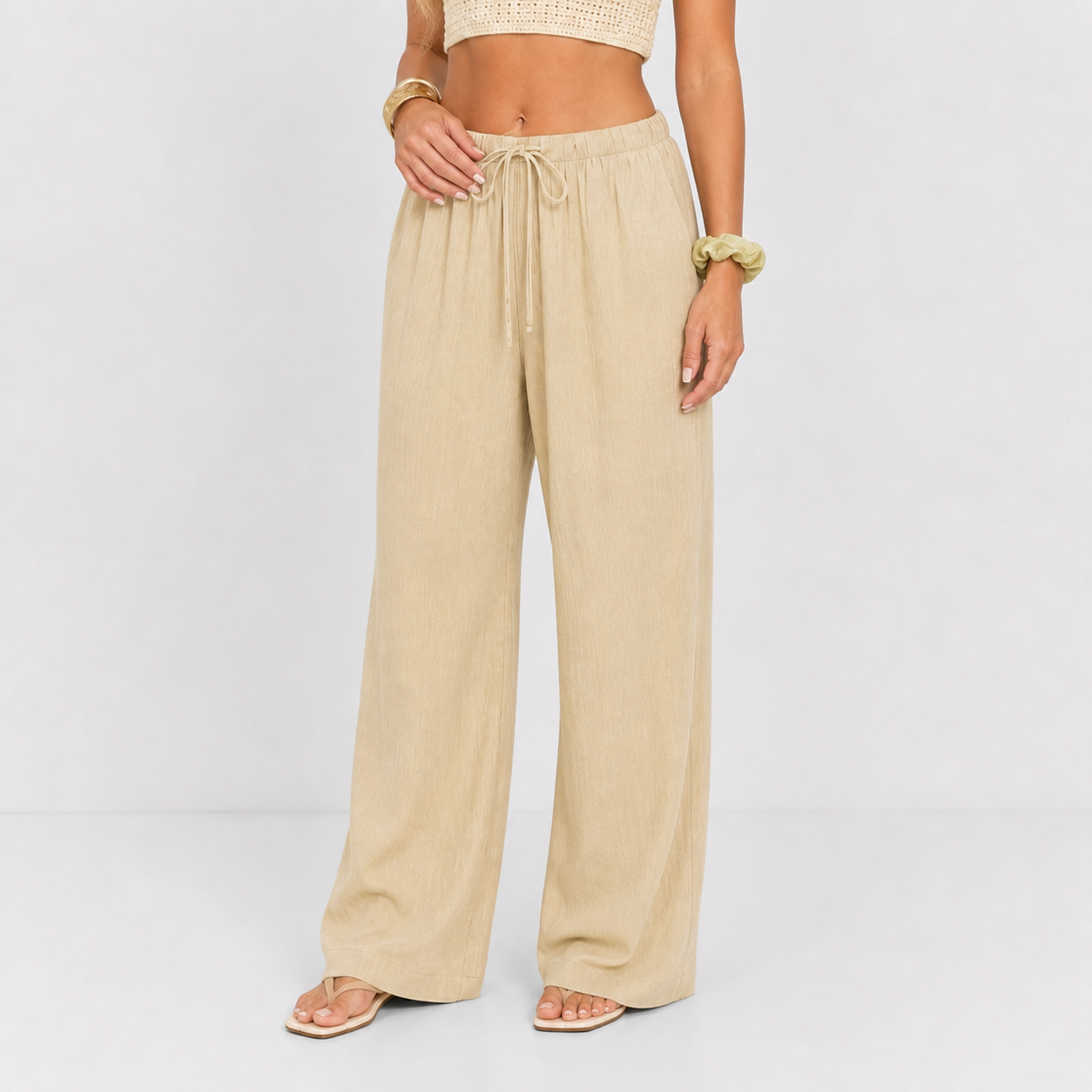 Damen Leinenhose Khaki mit Weitem Bein - Lockere Passform Sommer Look - Rosesamour