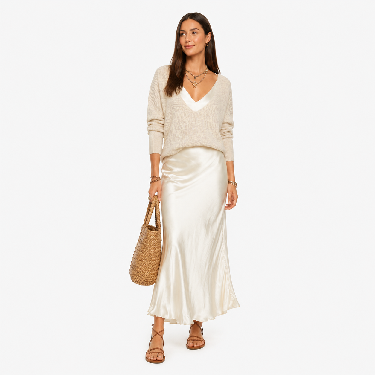 Damen Midi Kleid Weiß Elegant - Weicher Strick Look - Rosesamour