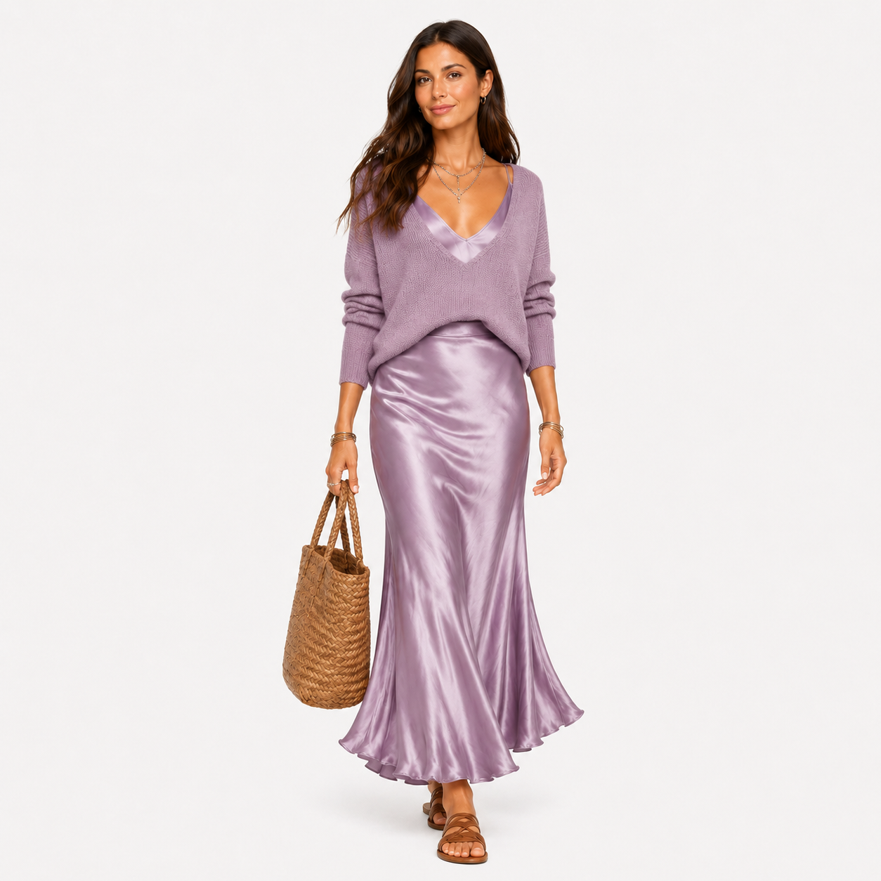 Damen Midi Kleid Lila Elegant - Weicher Strick Look - Rosesamour