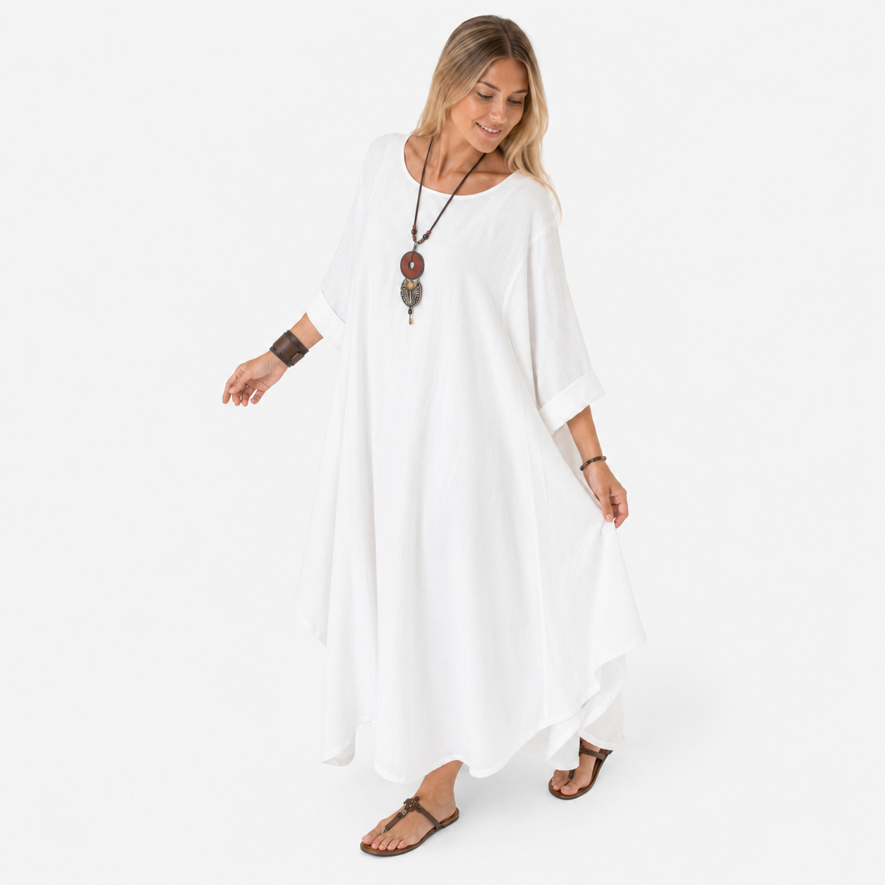 Damen Baumwollkleid Weiß - Locker Fließende Maxi Passform - Rosesamour