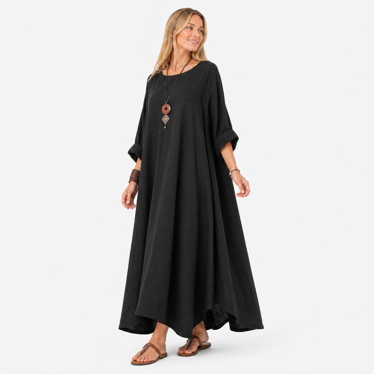 Damen Baumwollkleid Schwarz - Locker Fließende Maxi Passform - Rosesamour