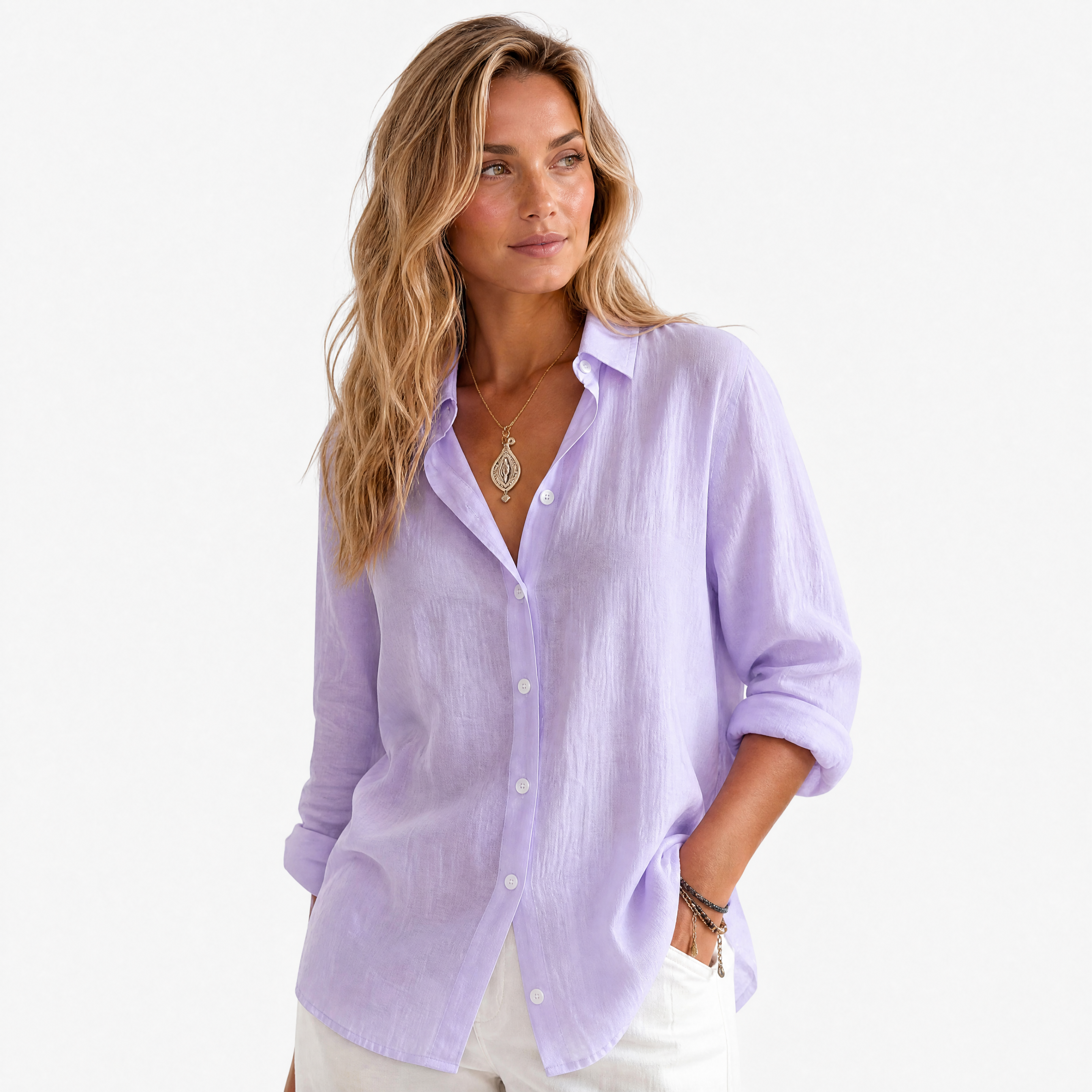 Damen Leinenbluse Lila - Lockere Passform Luftiger Look - Rosesamour