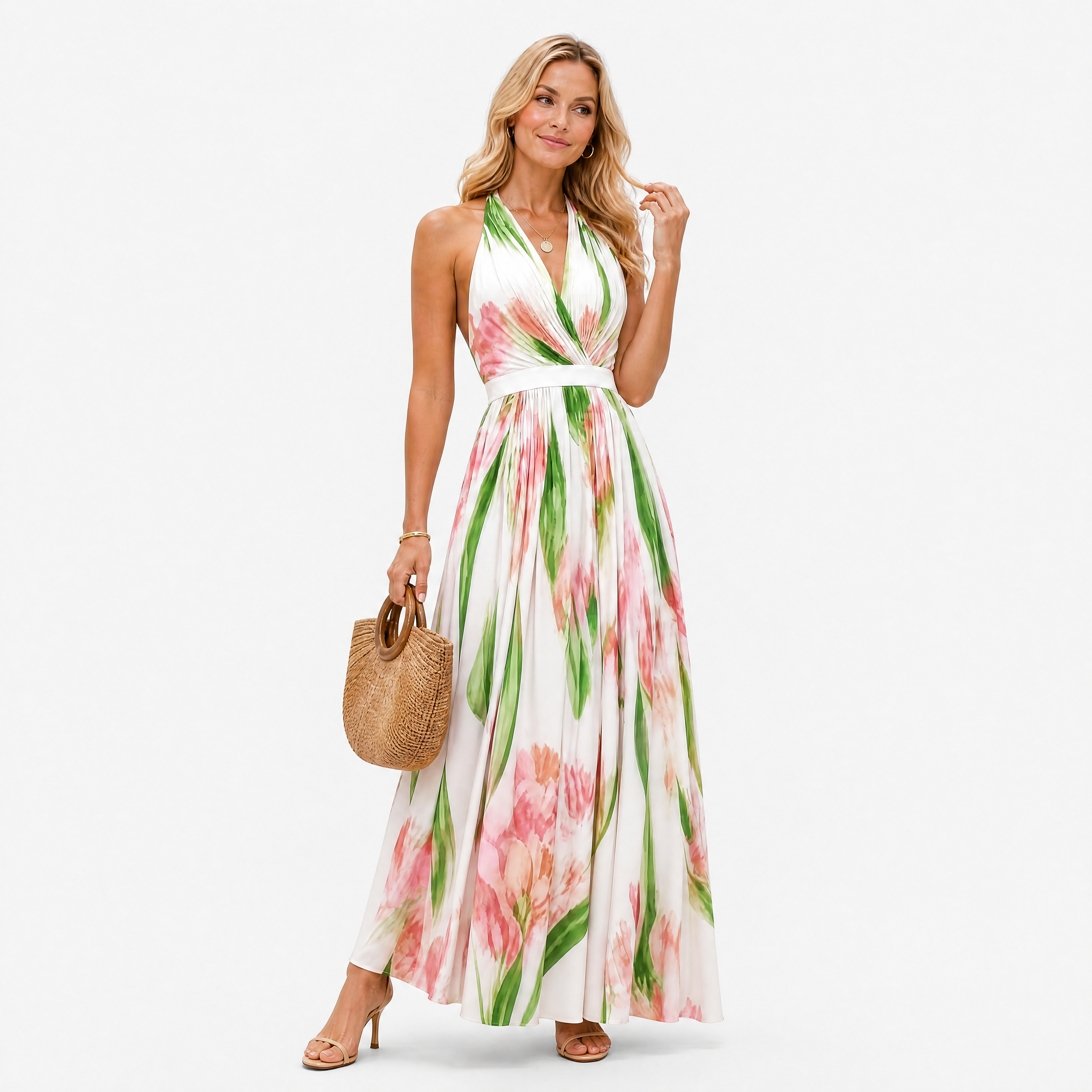 Das Weiße Maxikleid Mit Rosafarbenem Blumenmuster