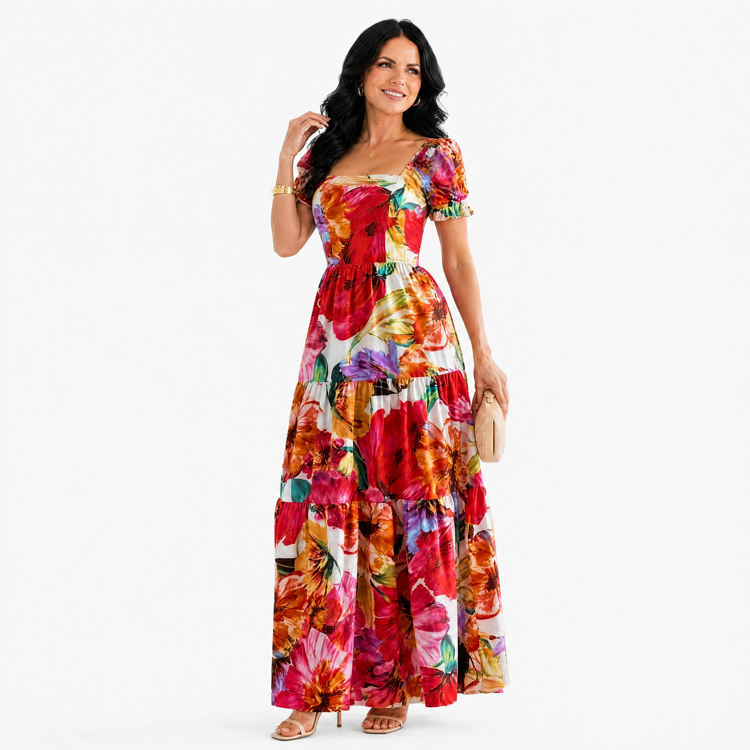 Das Bunte Maxikleid Mit Großem Blumenmuster