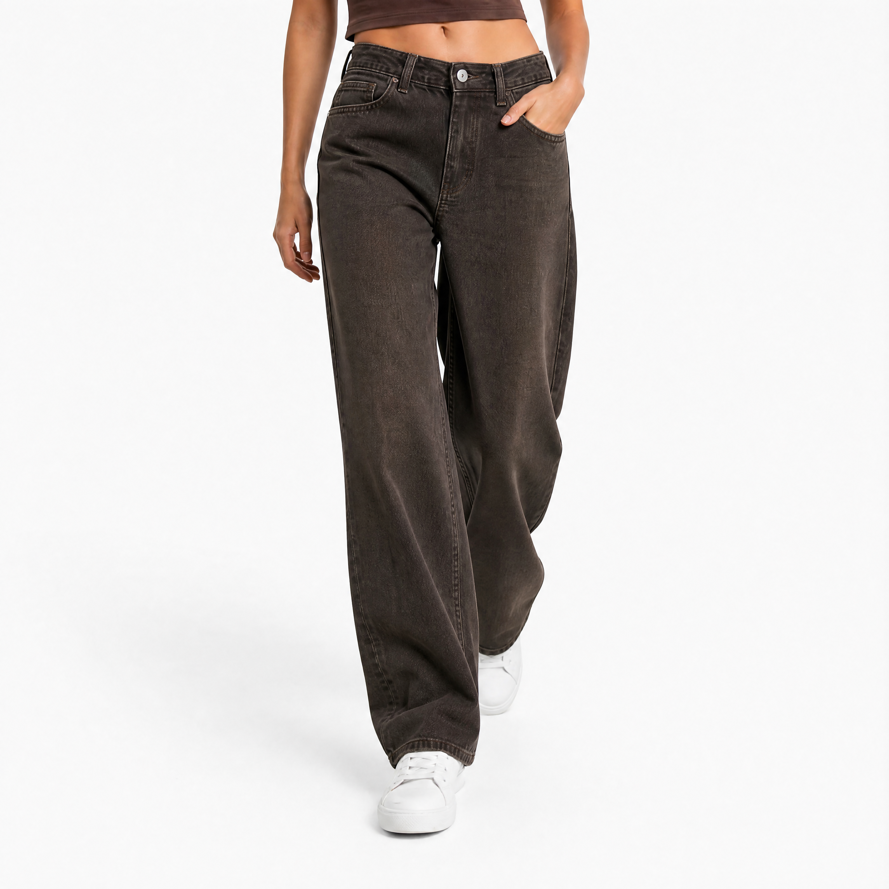 Damen Jeans Kaffeebraun mit Weitem Bein - Lockere Passform Moderner Look - Rosesamour