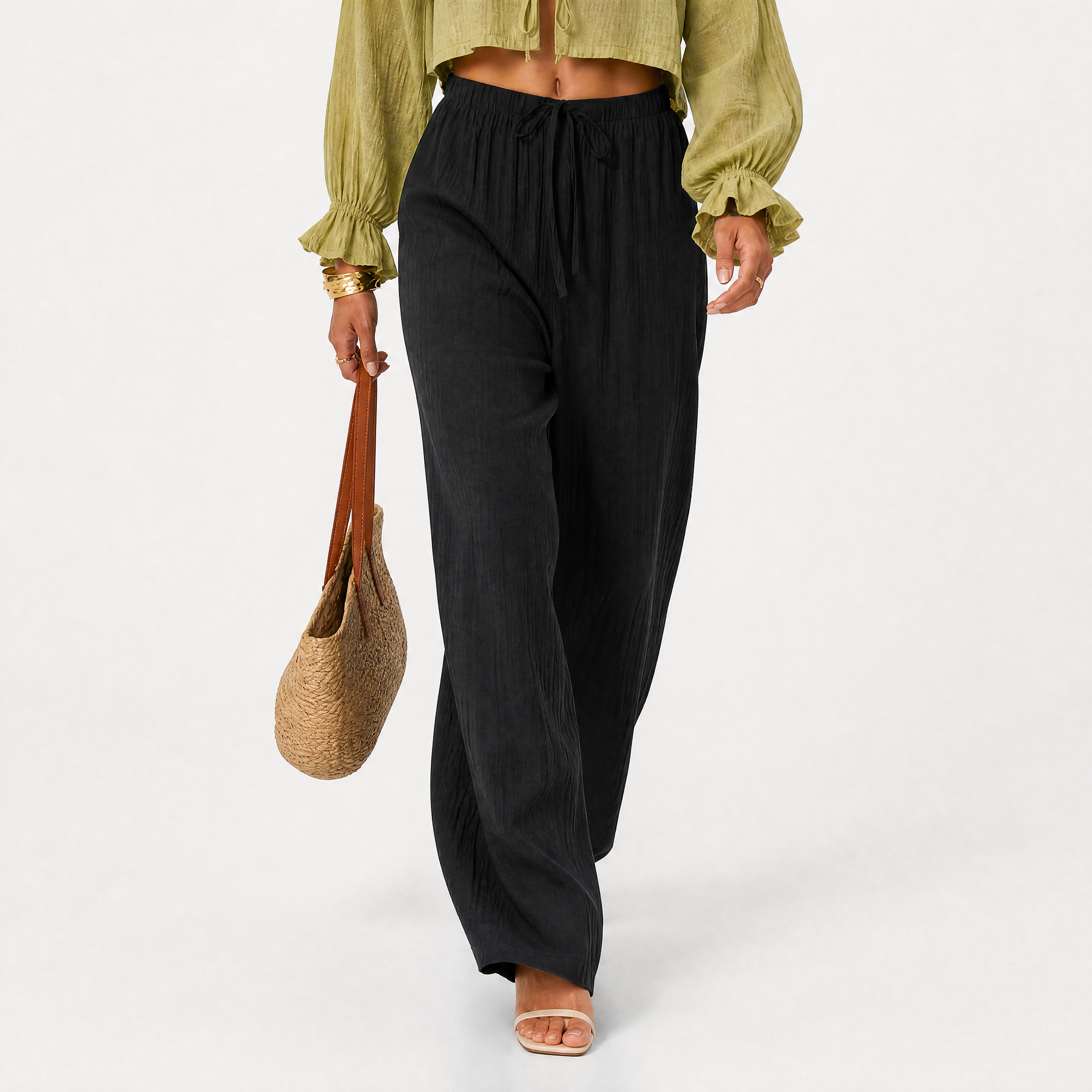 Damen Leinenhose Schwarz mit Weitem Bein - Lockere Passform Sommer Look - Rosesamour