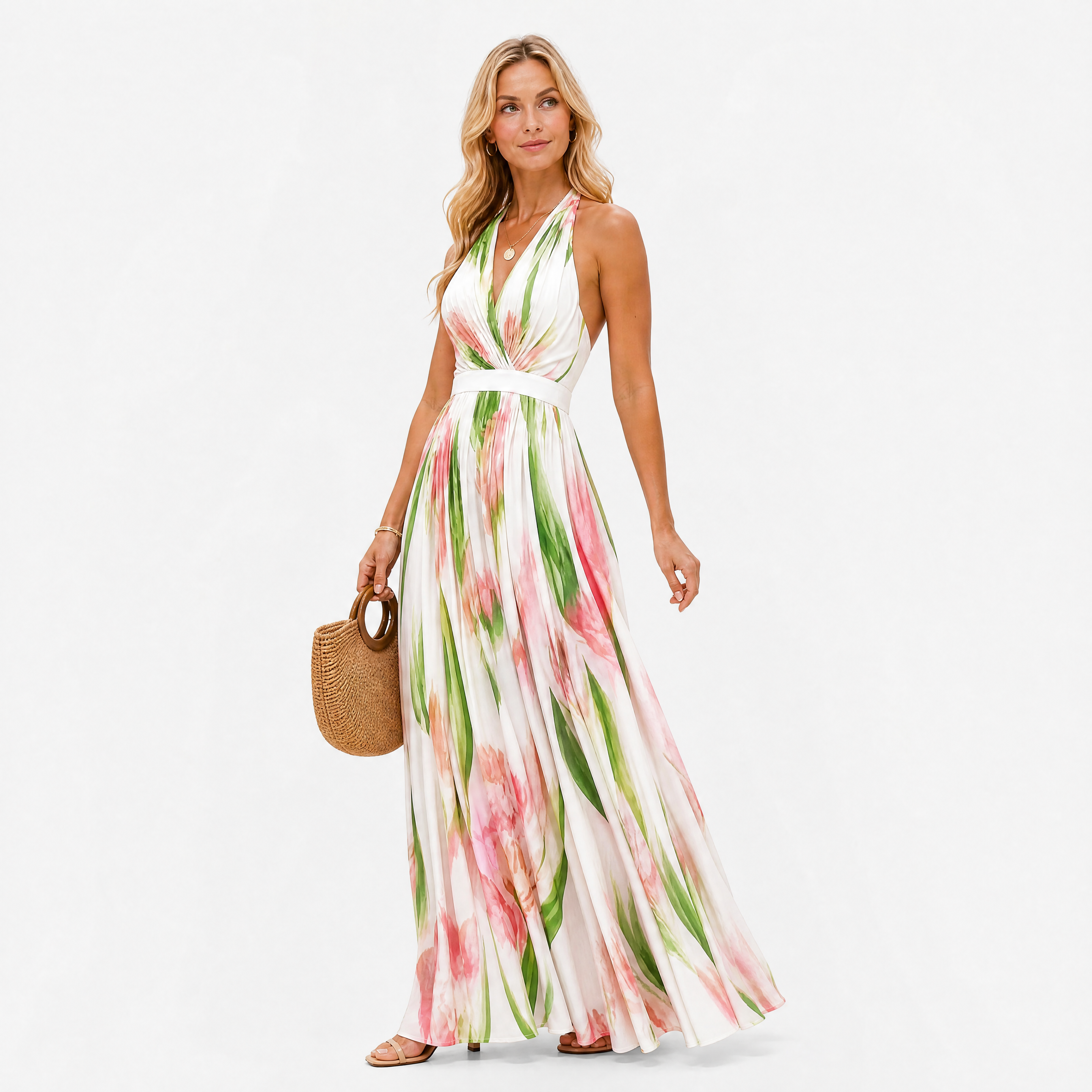 Das Weiße Maxikleid Mit Rosafarbenem Blumenmuster